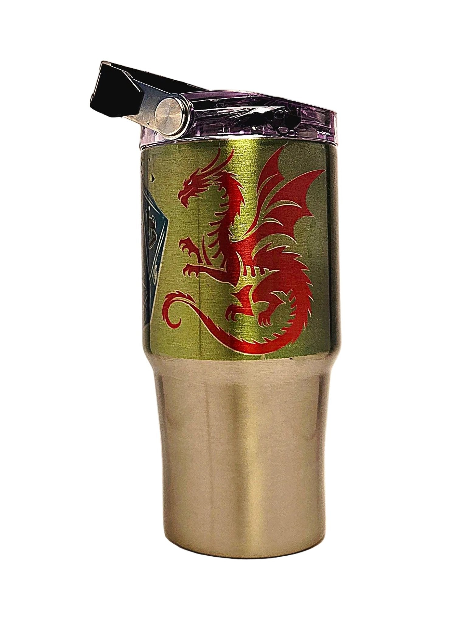 20oz D20 Dice with Mystic Dragon Stainless Tumbler with carrying handle - Coffee Quips Custom Drinkware