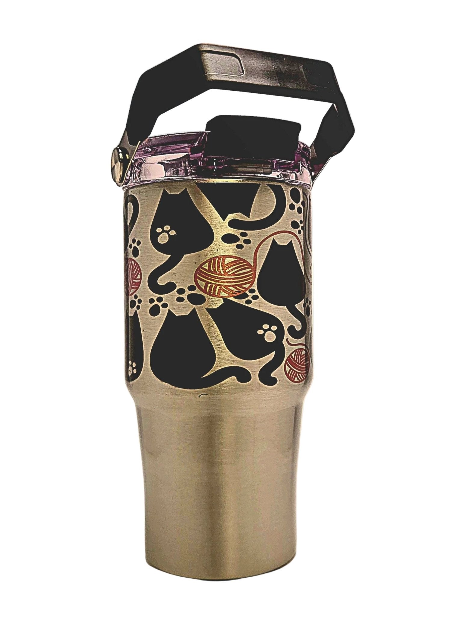 20oz Stainless Fat Cats and yarn Balls insulated Tumbler - Tri - Sip Lid with top handle - Coffee Quips Custom Drinkware