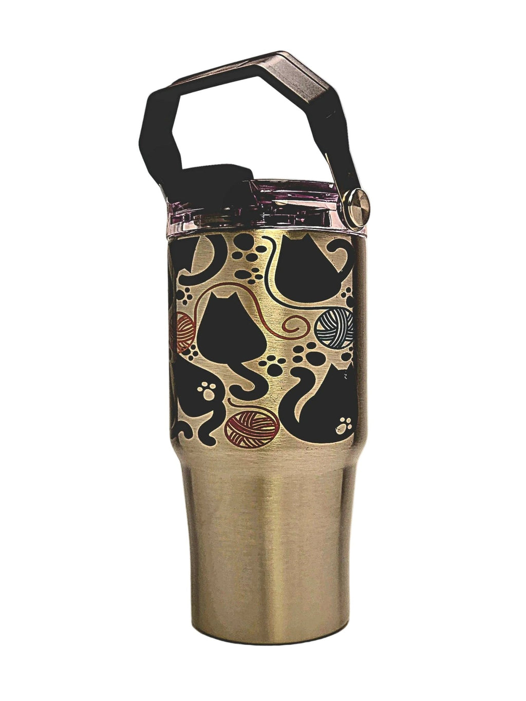 20oz Stainless Fat Cats and yarn Balls insulated Tumbler - Tri - Sip Lid with top handle - Coffee Quips Custom Drinkware