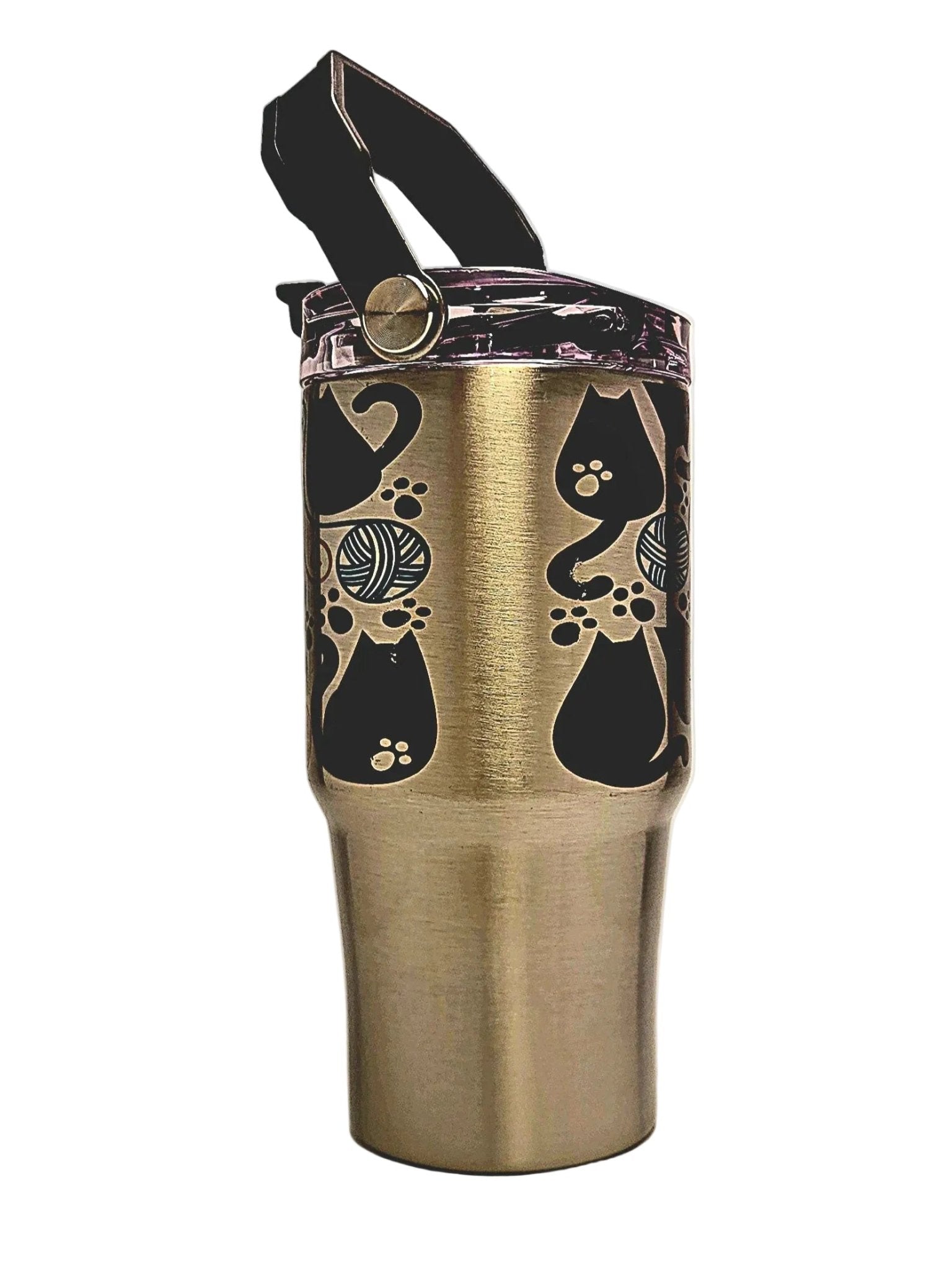 20oz Stainless Fat Cats and yarn Balls insulated Tumbler - Tri - Sip Lid with top handle - Coffee Quips Custom Drinkware