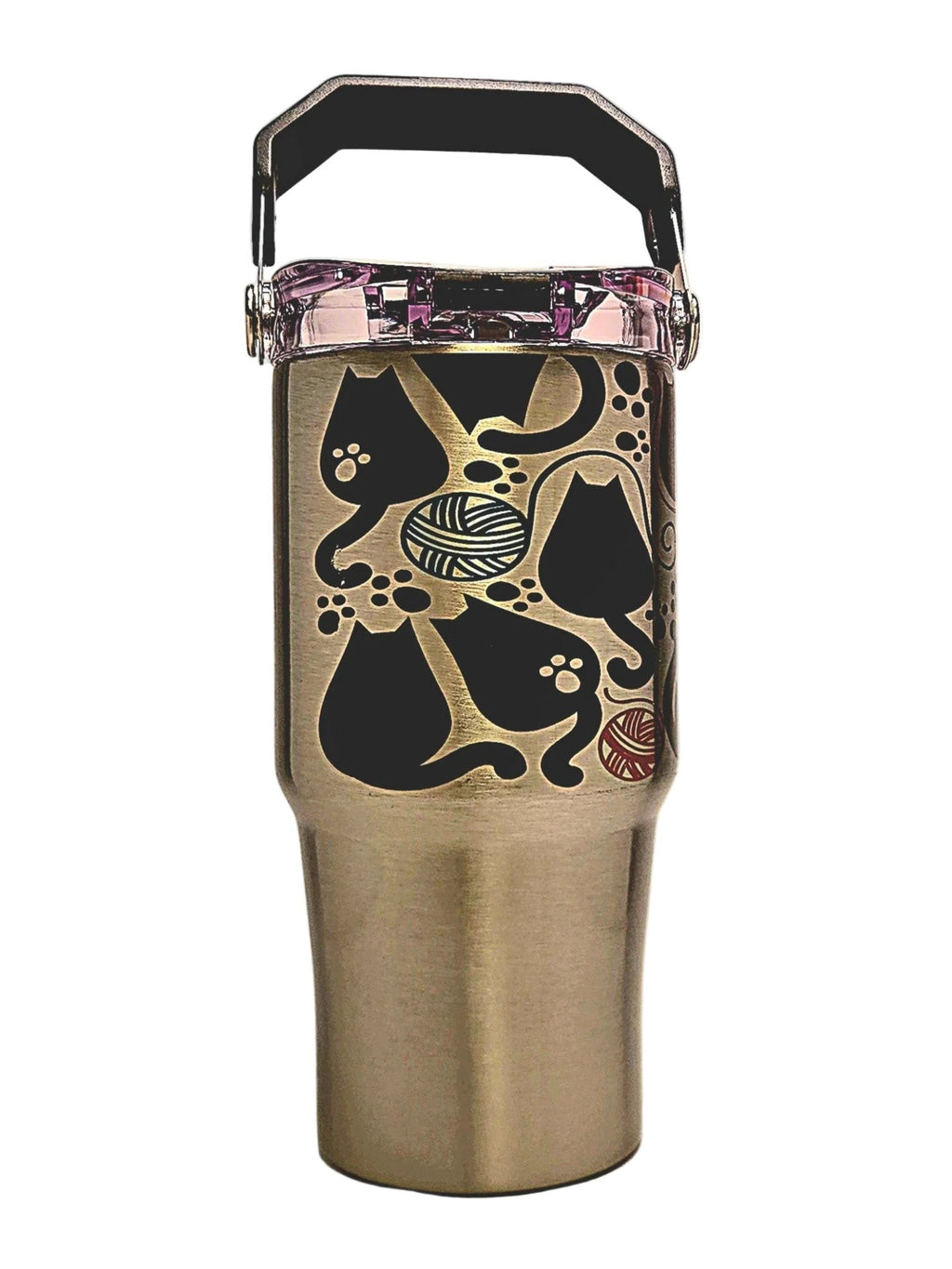 20oz Stainless Fat Cats and yarn Balls insulated Tumbler - Tri - Sip Lid with top handle - Coffee Quips Custom Drinkware