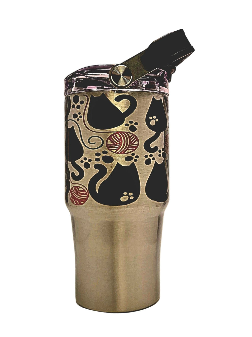 20oz Stainless Fat Cats and yarn Balls insulated Tumbler - Tri - Sip Lid with top handle - Coffee Quips Custom Drinkware