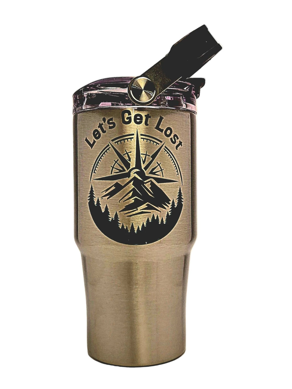 Stainless steel hiking tumbler with 'Let's Get Lost' design - Coffee Quips Custom Drinkware