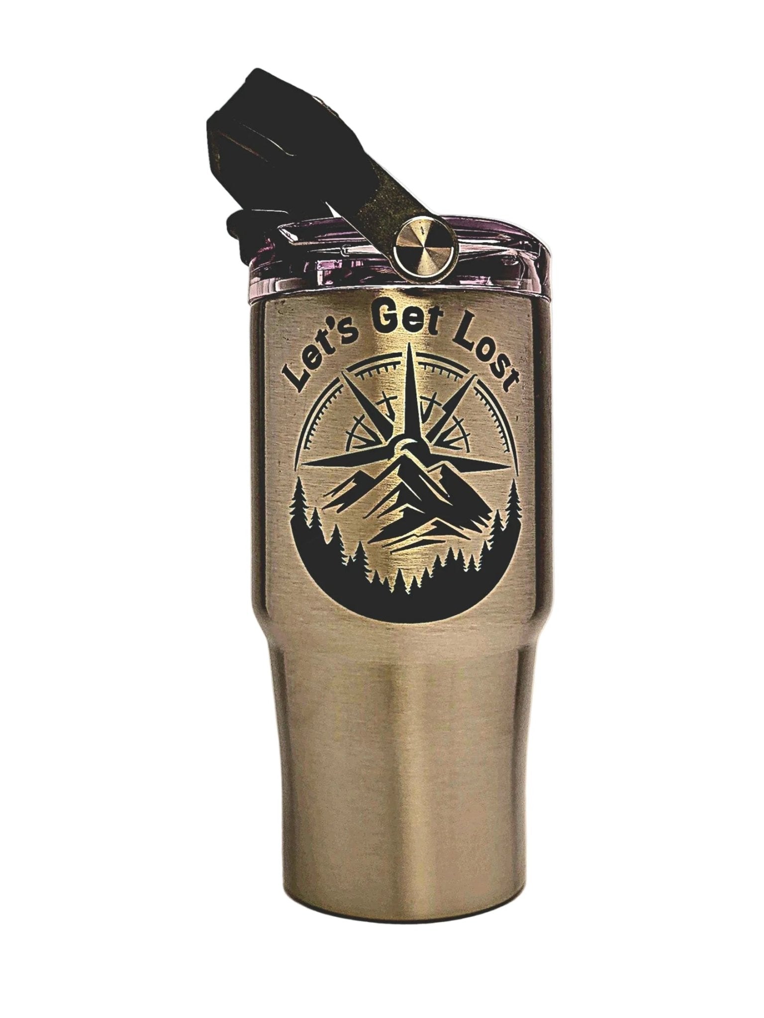 Stainless steel hiking tumbler with 'Let's Get Lost' design - Coffee Quips Custom Drinkware
