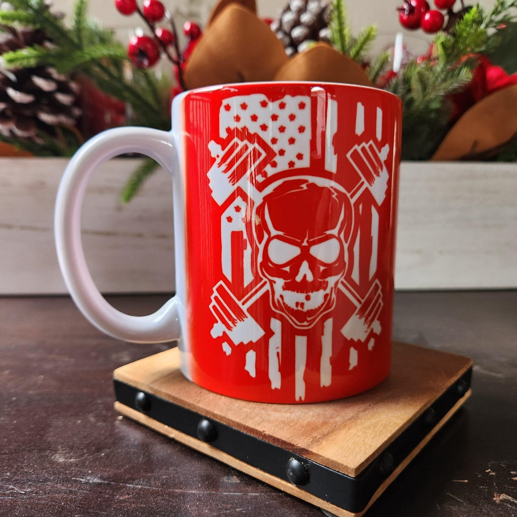 American Flag Skull Weightlifting Coffee Mug: Fitness Gift - Coffee Quips Custom Drinkware