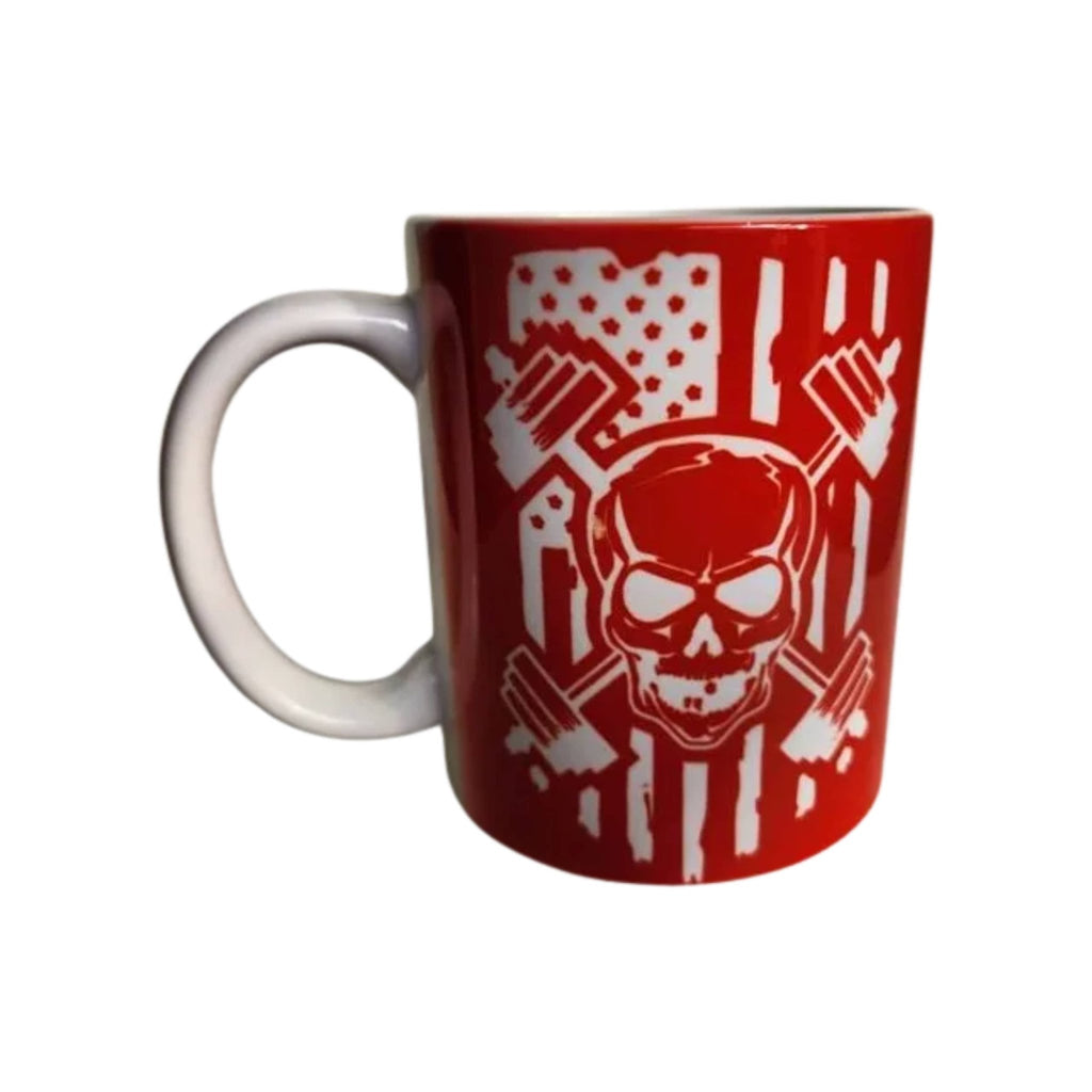 American Flag Skull Weightlifting Coffee Mug: Fitness Gift - Coffee Quips Custom Drinkware