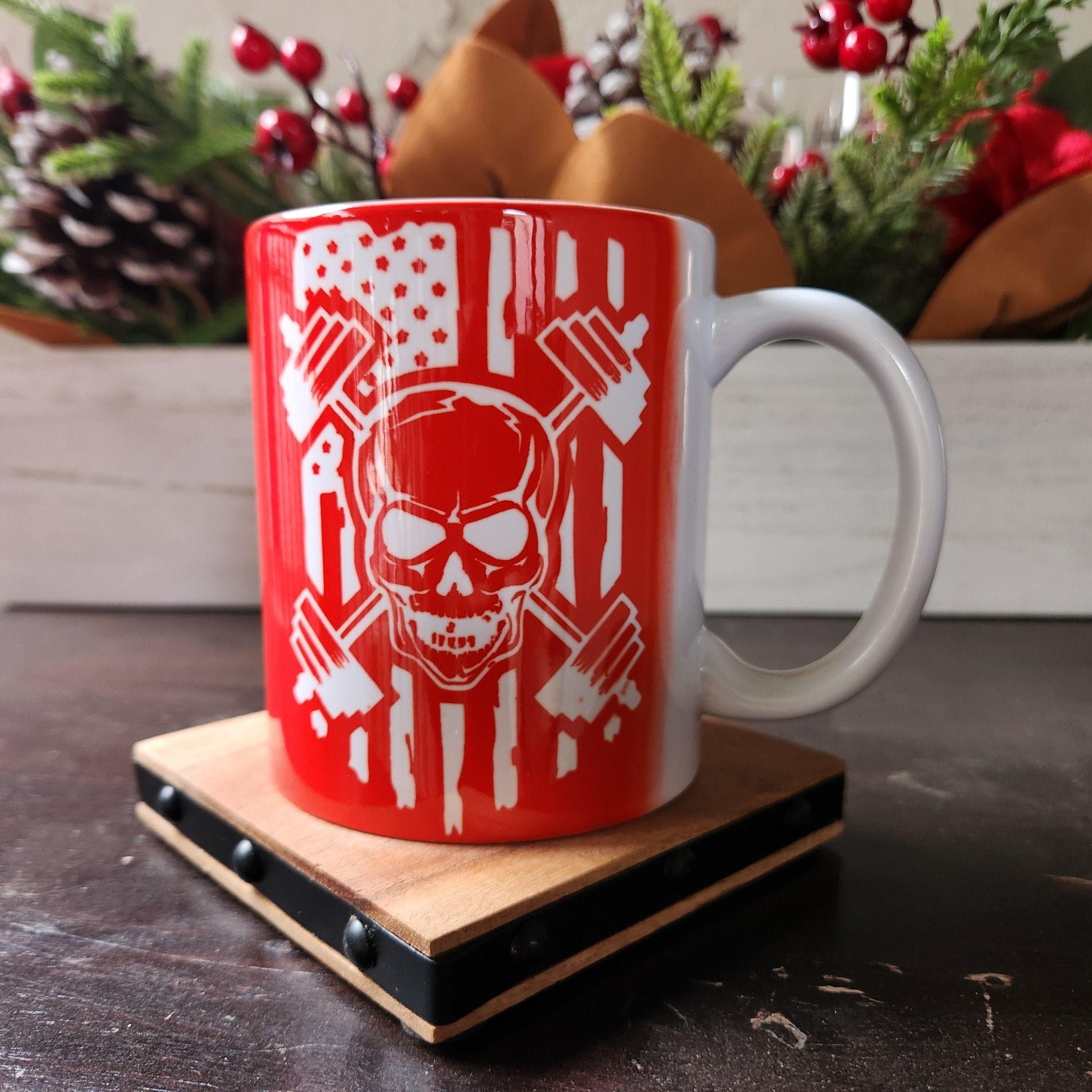 American Flag Skull Weightlifting Coffee Mug: Fitness Gift - Coffee Quips Custom Drinkware