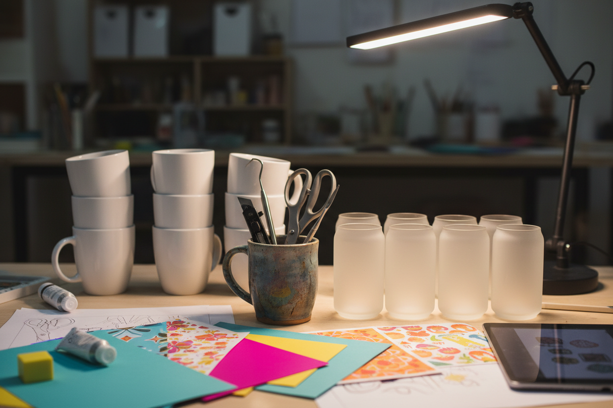 An artist desk with a cup on it with exacto knife and pick tool and scissors in it next to a desk lamp.  Stacks of blank white ceramic mugs and matte glass can tumblers and spare sheets of color laying about
