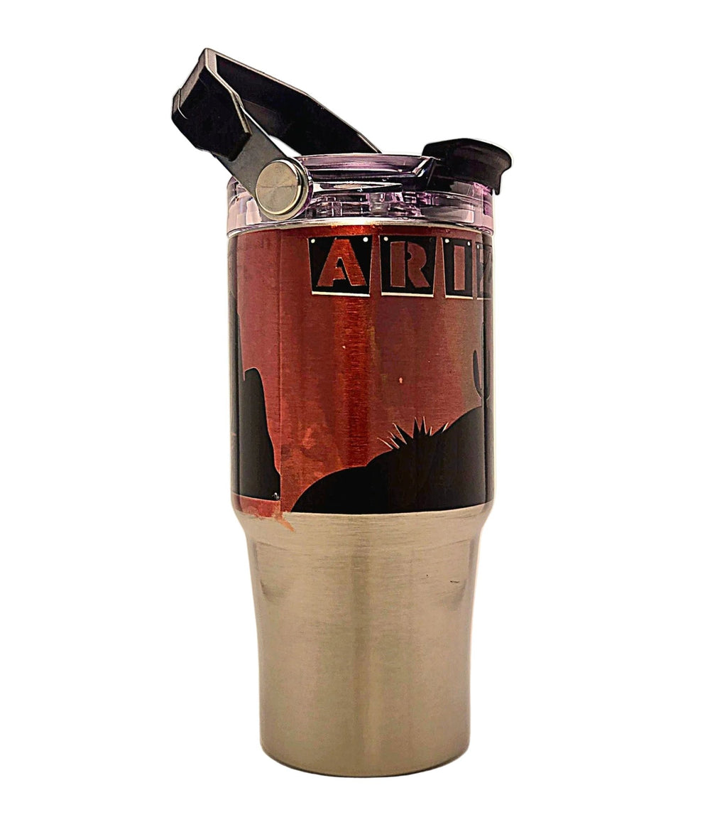 Beautiful Arizona Landscape Sunrise Souvenir Stainless Tumbler with handle and tri sip lid - Coffee Quips Custom Drinkware