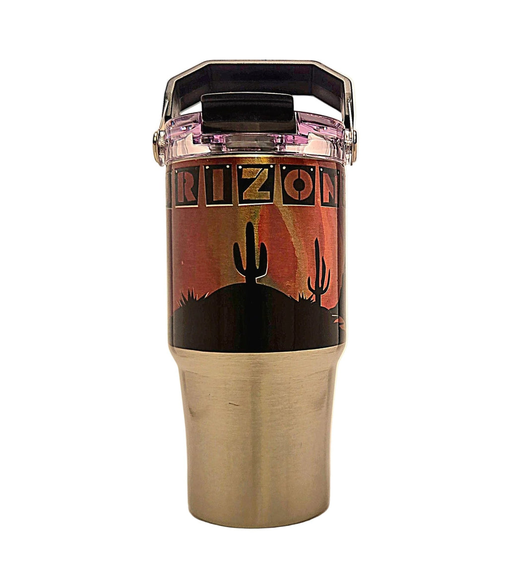 Beautiful Arizona Landscape Sunrise Souvenir Stainless Tumbler with handle and tri sip lid - Coffee Quips Custom Drinkware
