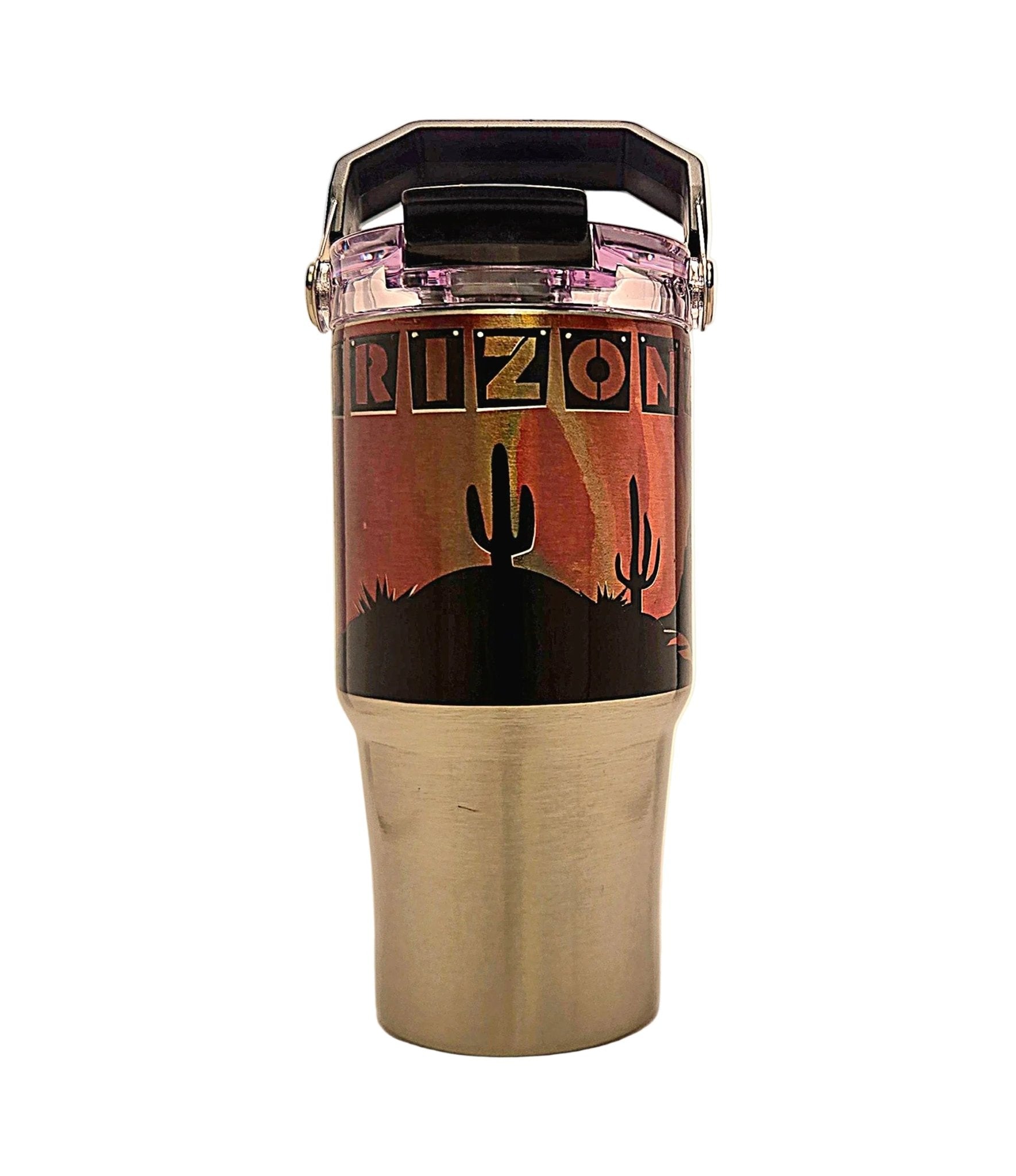 Beautiful Arizona Landscape Sunrise Souvenir Stainless Tumbler with handle and tri sip lid - Coffee Quips Custom Drinkware