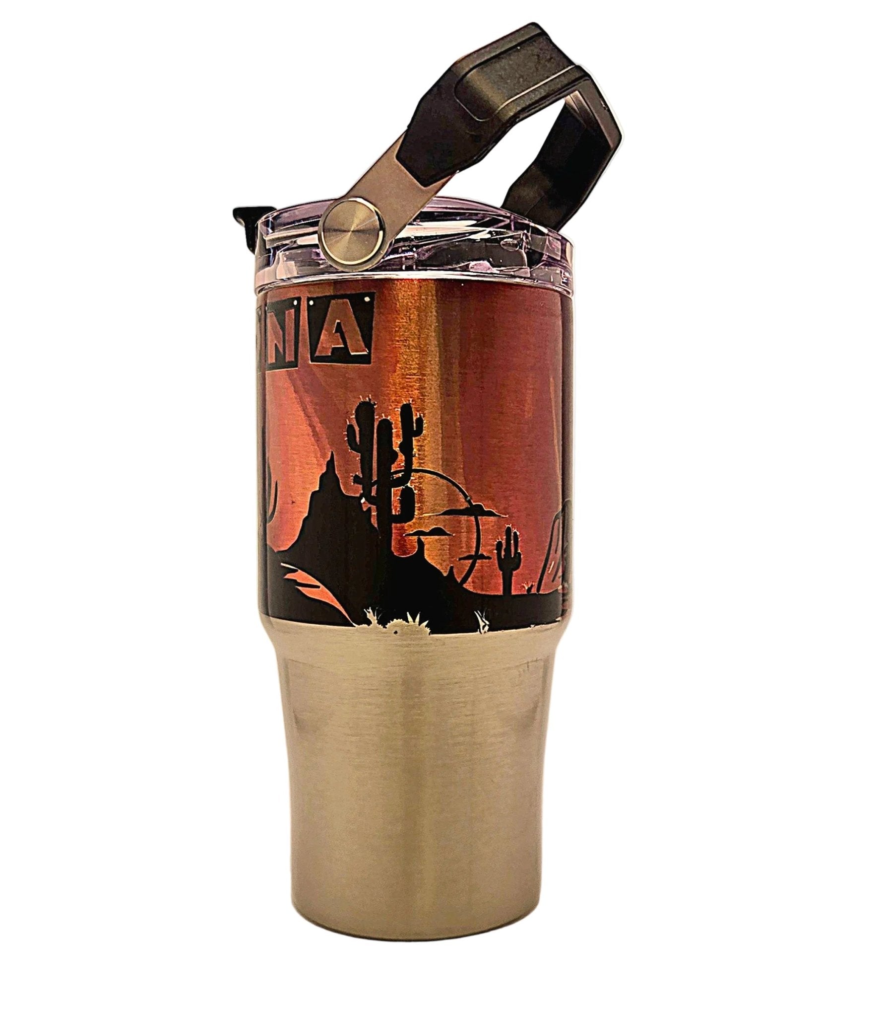Beautiful Arizona Landscape Sunrise Souvenir Stainless Tumbler with handle and tri sip lid - Coffee Quips Custom Drinkware