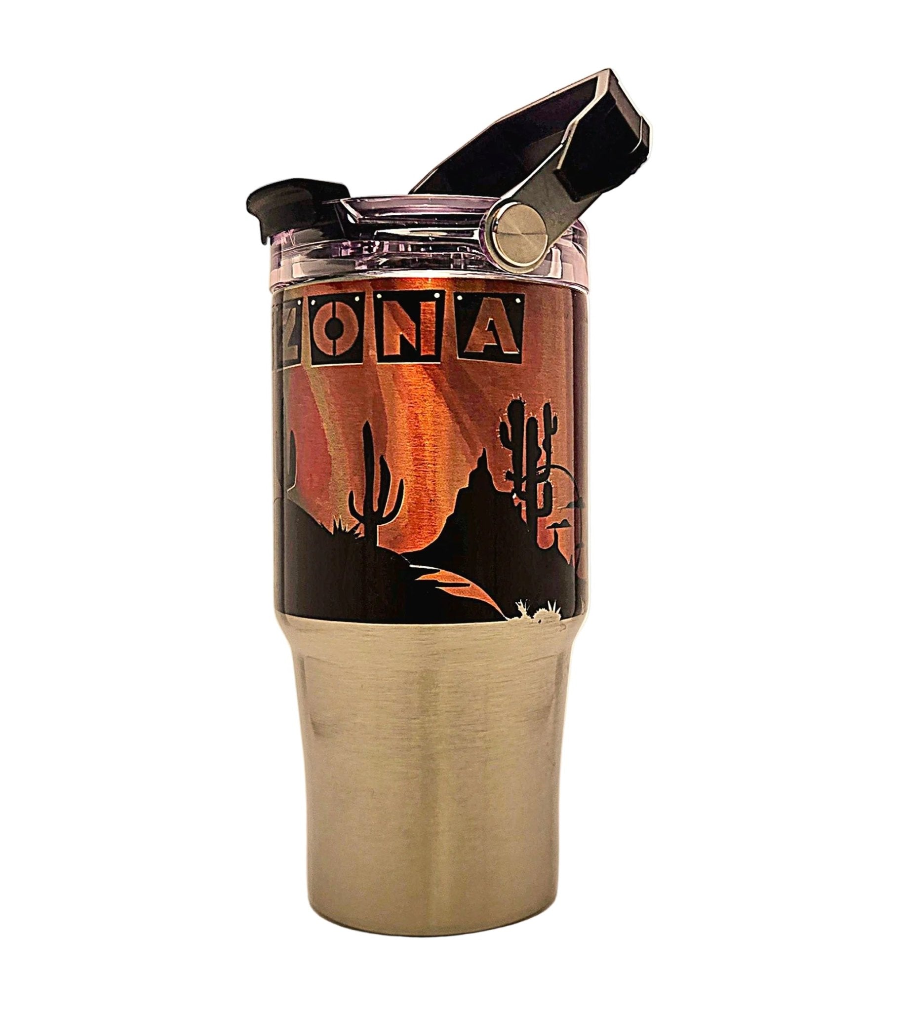 Beautiful Arizona Landscape Sunrise Souvenir Stainless Tumbler with handle and tri sip lid - Coffee Quips Custom Drinkware