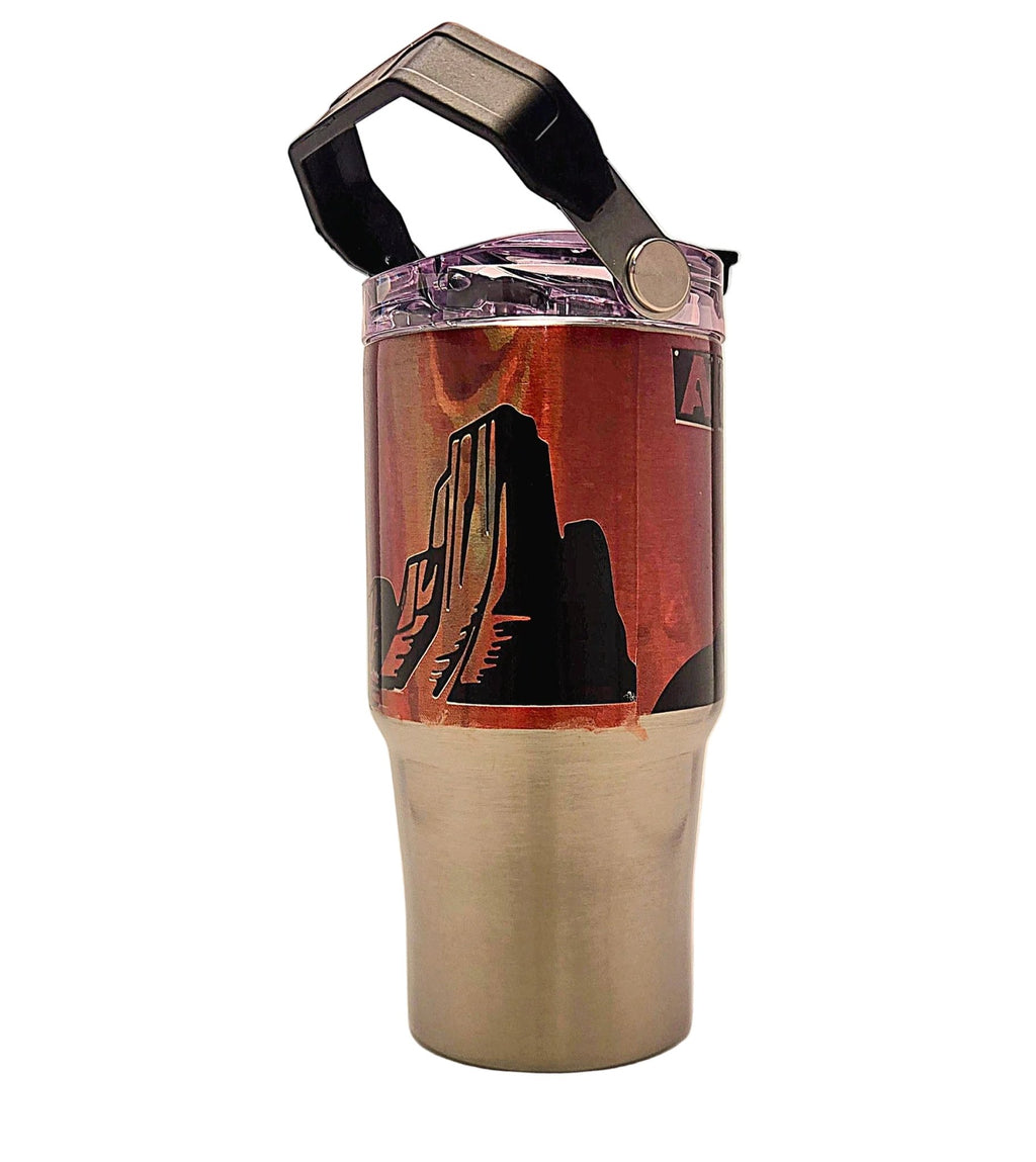 Beautiful Arizona Landscape Sunrise Souvenir Stainless Tumbler with handle and tri sip lid - Coffee Quips Custom Drinkware