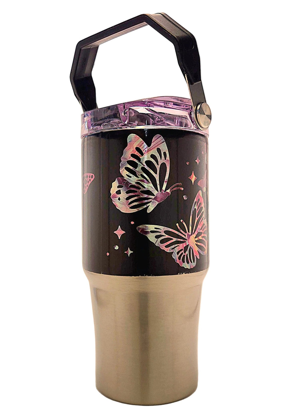 Butterflies everywhere colorful pattern 20oz Stainless Tumbler with carrying handle and tri sip lid - Coffee Quips Custom Drinkware