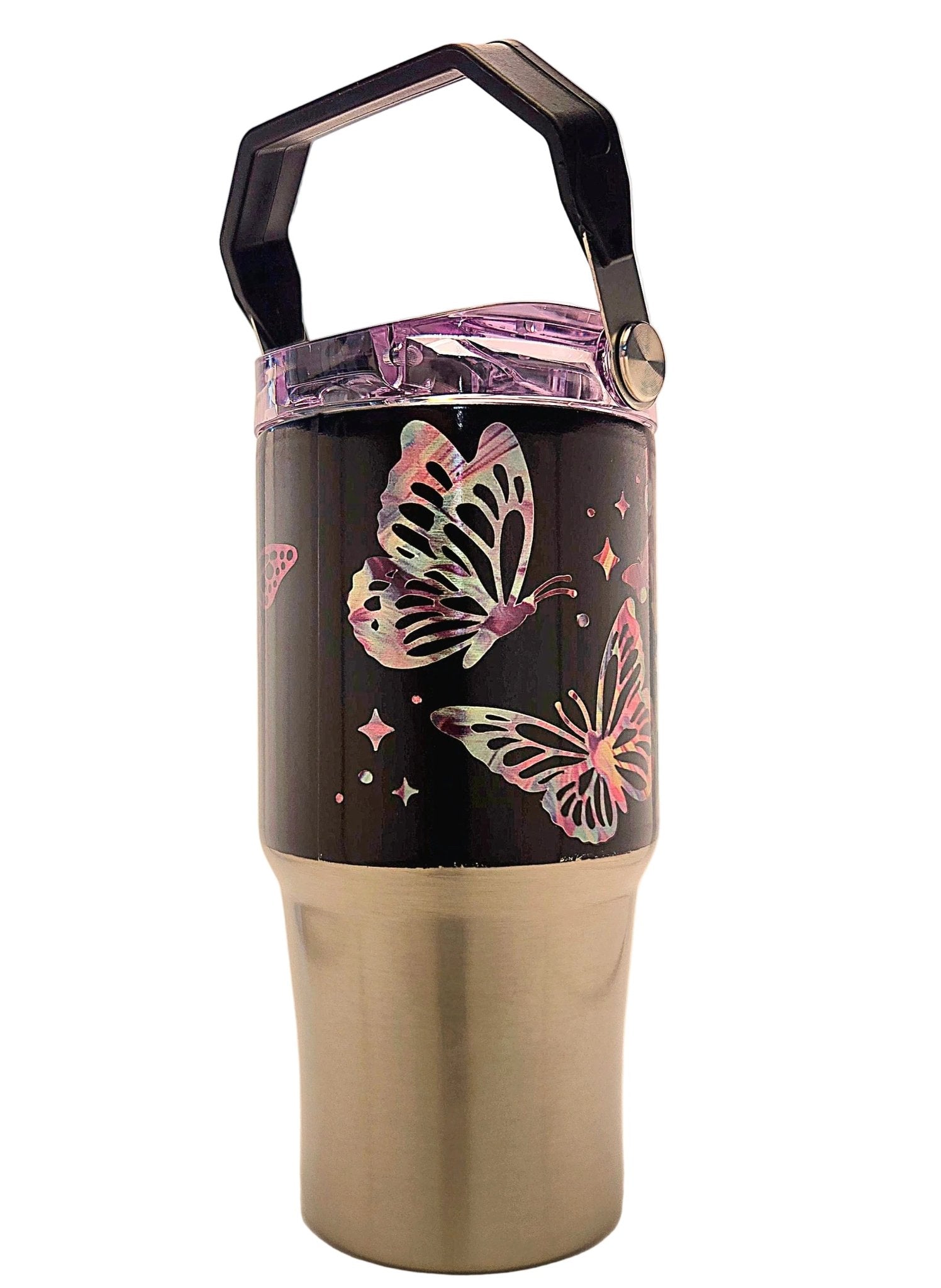 Butterflies everywhere colorful pattern 20oz Stainless Tumbler with carrying handle and tri sip lid - Coffee Quips Custom Drinkware