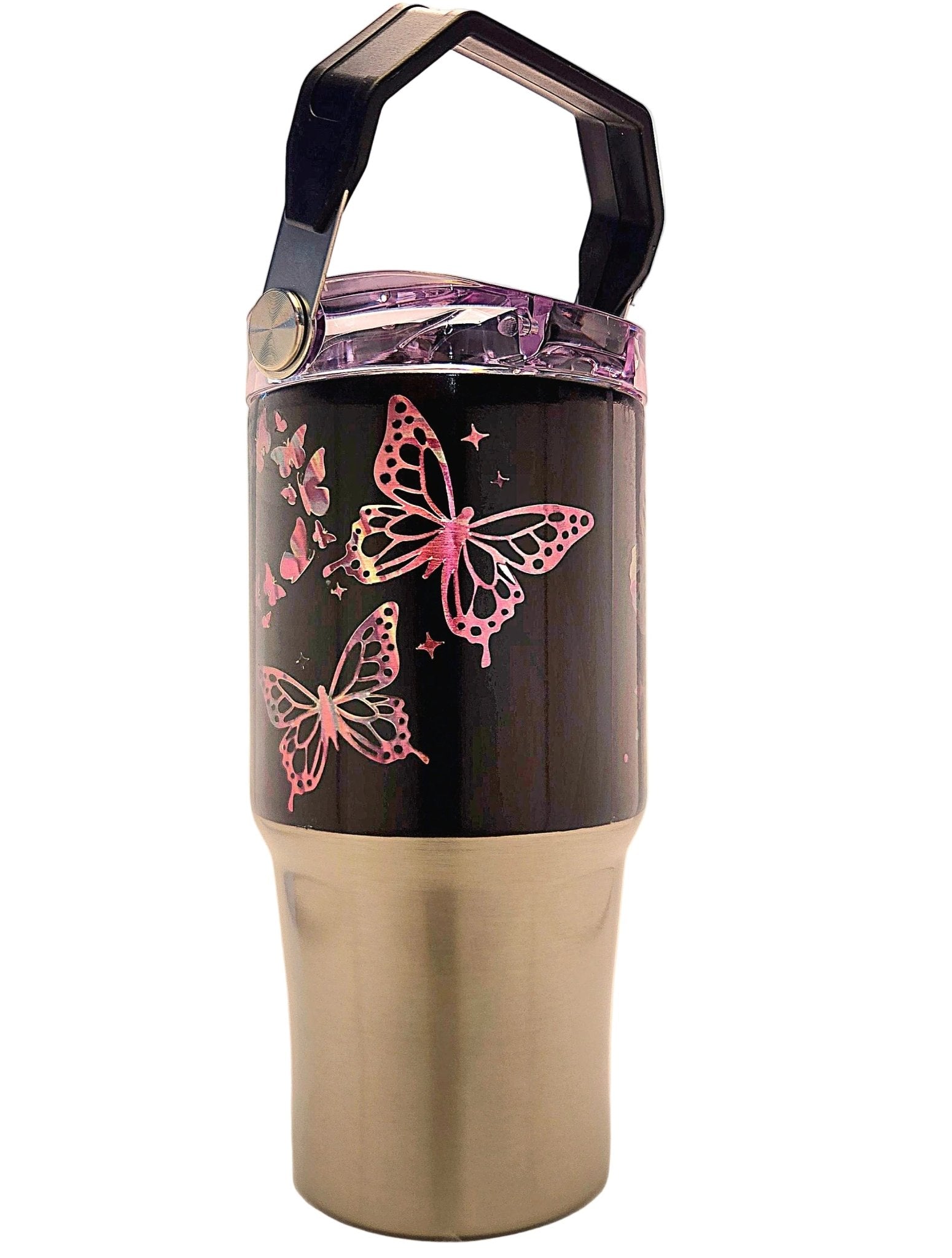 Butterflies everywhere colorful pattern 20oz Stainless Tumbler with carrying handle and tri sip lid - Coffee Quips Custom Drinkware