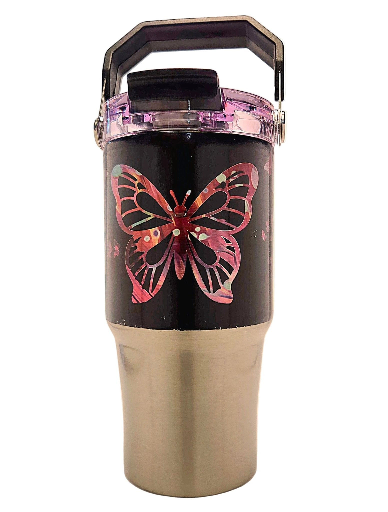 Butterflies everywhere colorful pattern 20oz Stainless Tumbler with carrying handle and tri sip lid - Coffee Quips Custom Drinkware