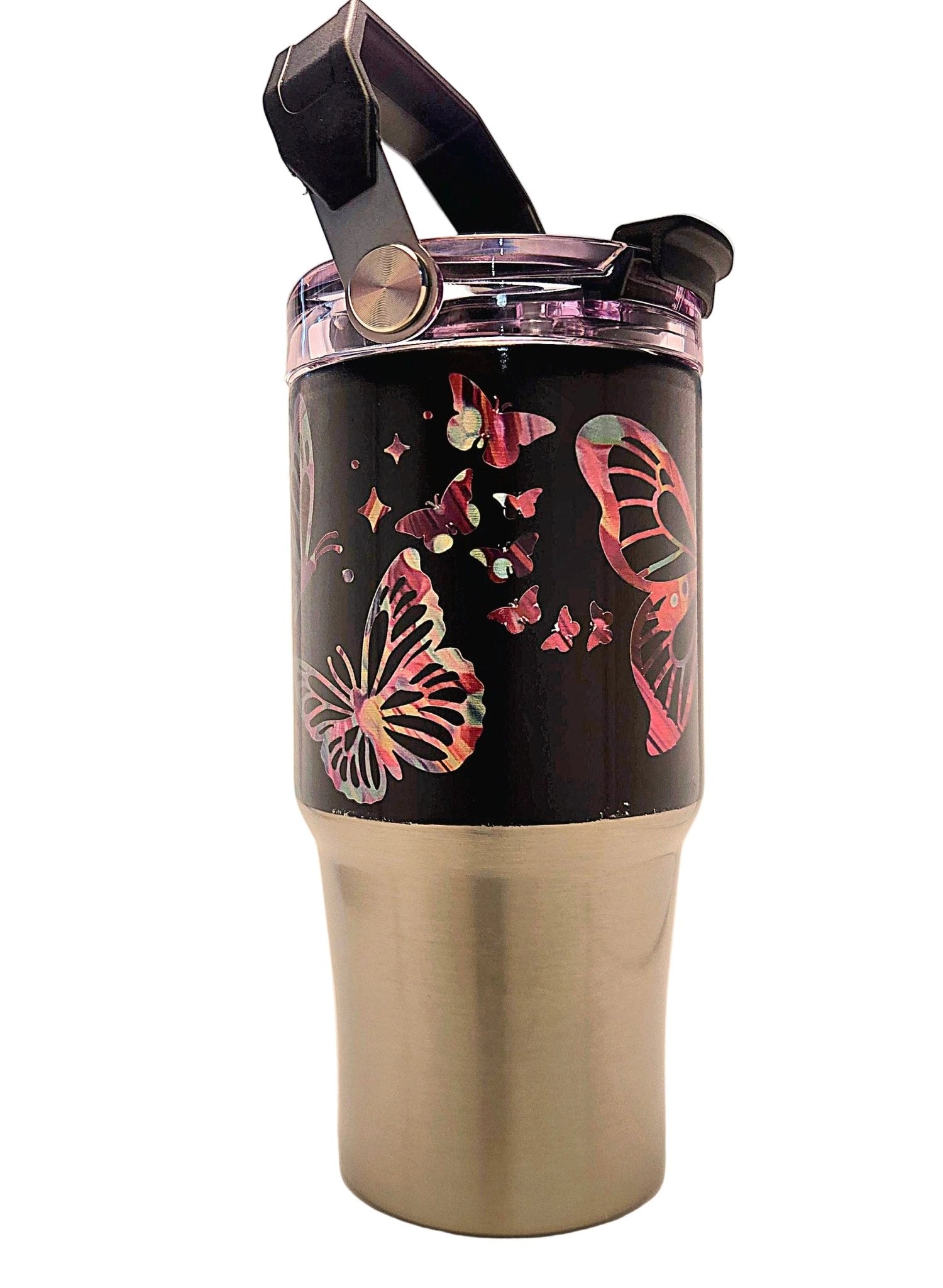 Butterflies everywhere colorful pattern 20oz Stainless Tumbler with carrying handle and tri sip lid - Coffee Quips Custom Drinkware