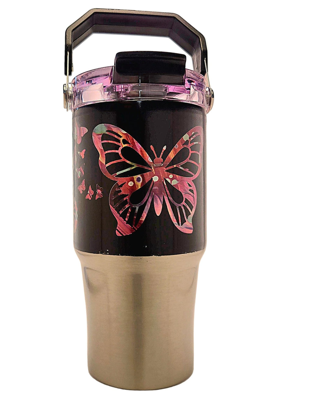 Butterflies everywhere colorful pattern 20oz Stainless Tumbler with carrying handle and tri sip lid - Coffee Quips Custom Drinkware