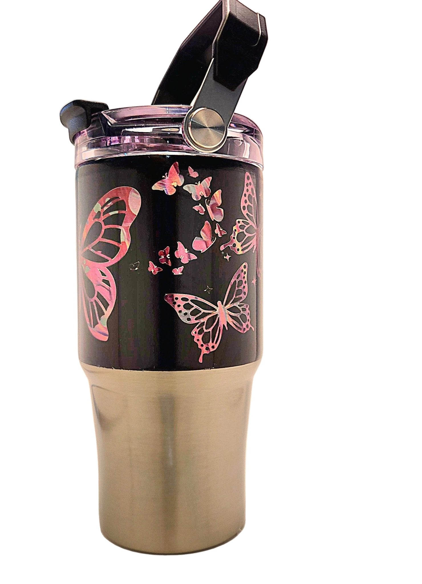 Butterflies everywhere colorful pattern 20oz Stainless Tumbler with carrying handle and tri sip lid - Coffee Quips Custom Drinkware