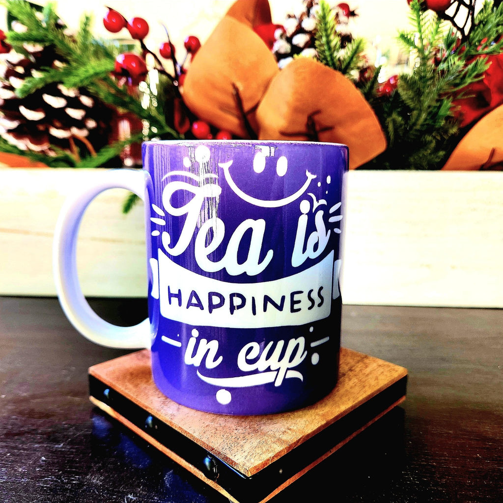 Ceramic "Tea is Happiness" Coffee Mug - Bright Purple - Coffee Quips Custom Drinkware