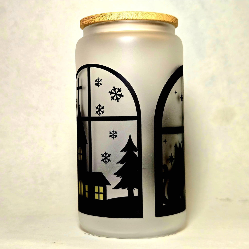 Christmas night Santa is Coming Silhouette Window Glass Tumbler - Coffee Quips Custom Drinkware