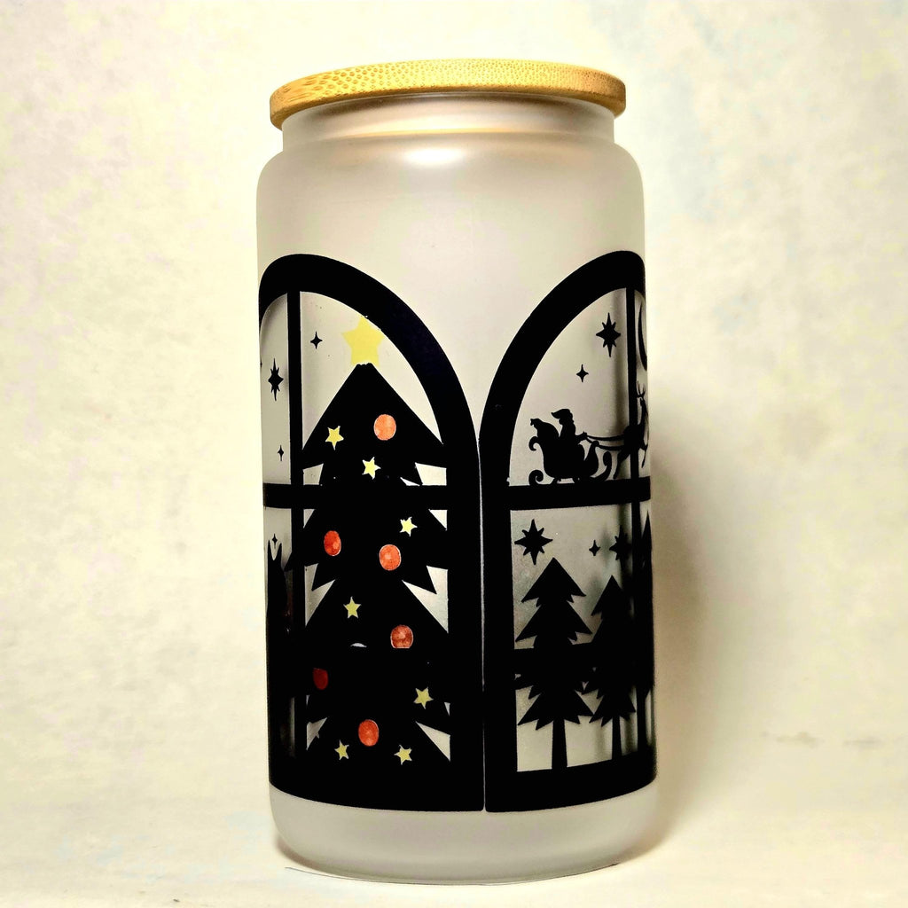 Christmas night Santa is Coming Silhouette Window Glass Tumbler - Coffee Quips Custom Drinkware