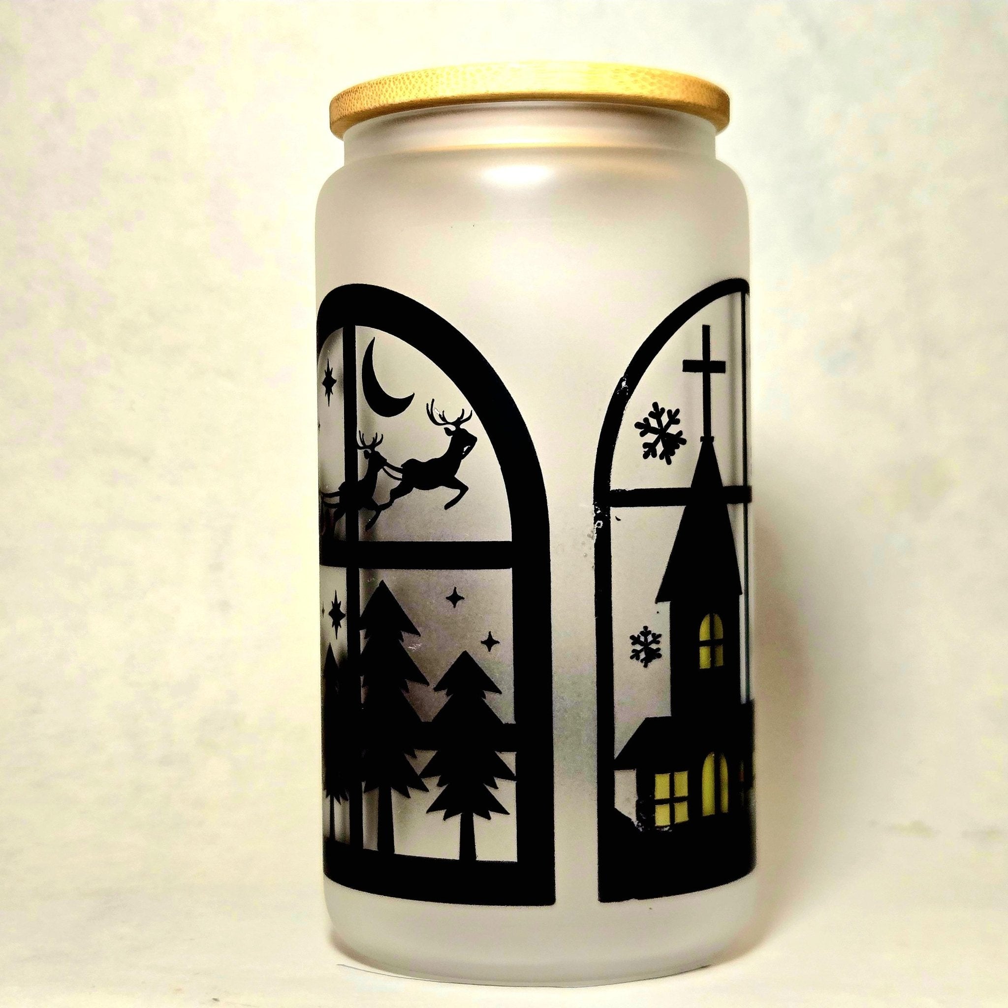 Christmas night Santa is Coming Silhouette Window Glass Tumbler - Coffee Quips Custom Drinkware