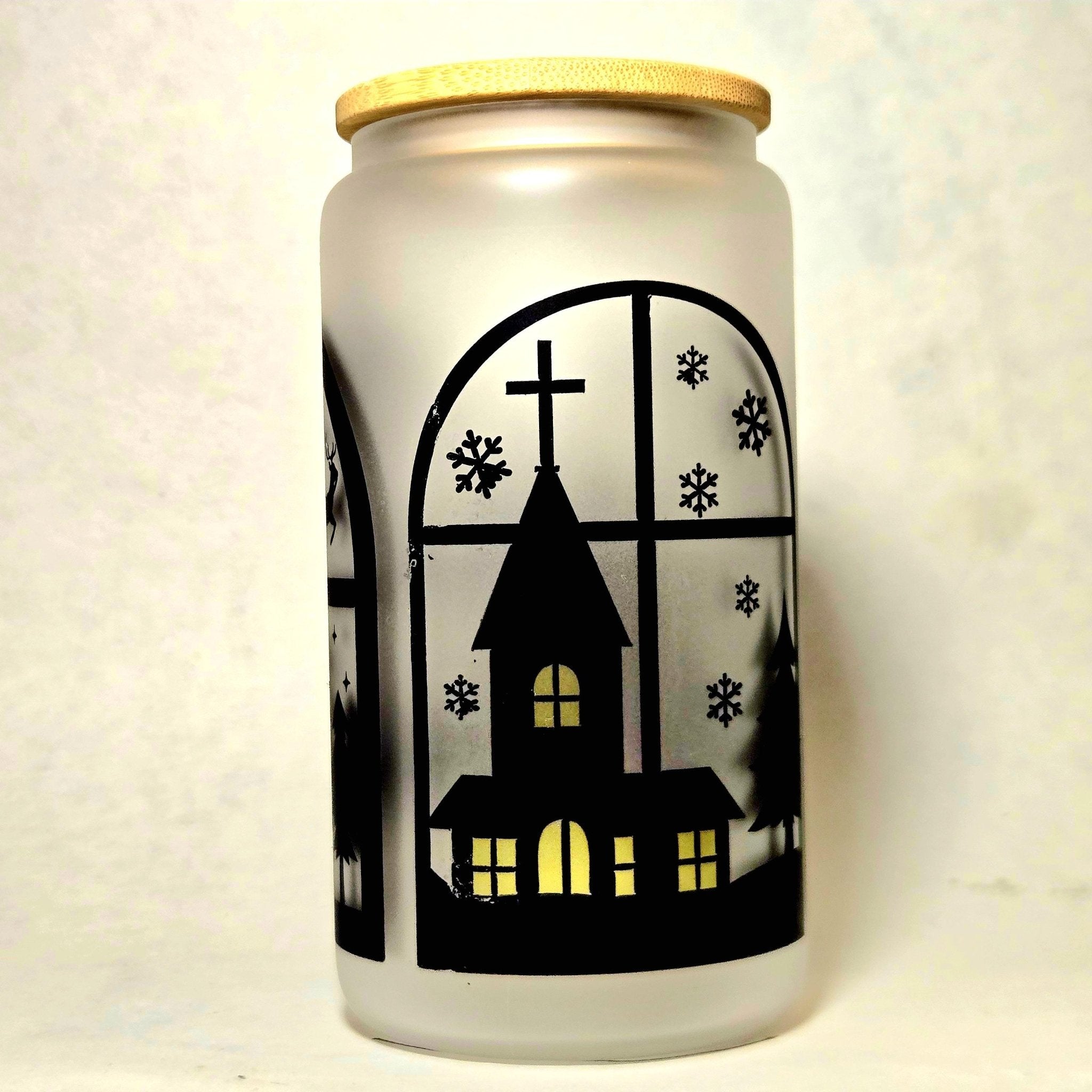 Christmas night Santa is Coming Silhouette Window Glass Tumbler - Coffee Quips Custom Drinkware