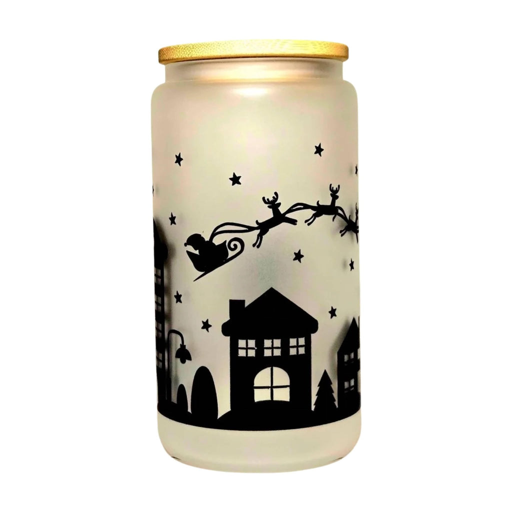 Christmas Santa coming to Town Glass Tumbler with Bamboo Lid. - Coffee Quips Custom Drinkware