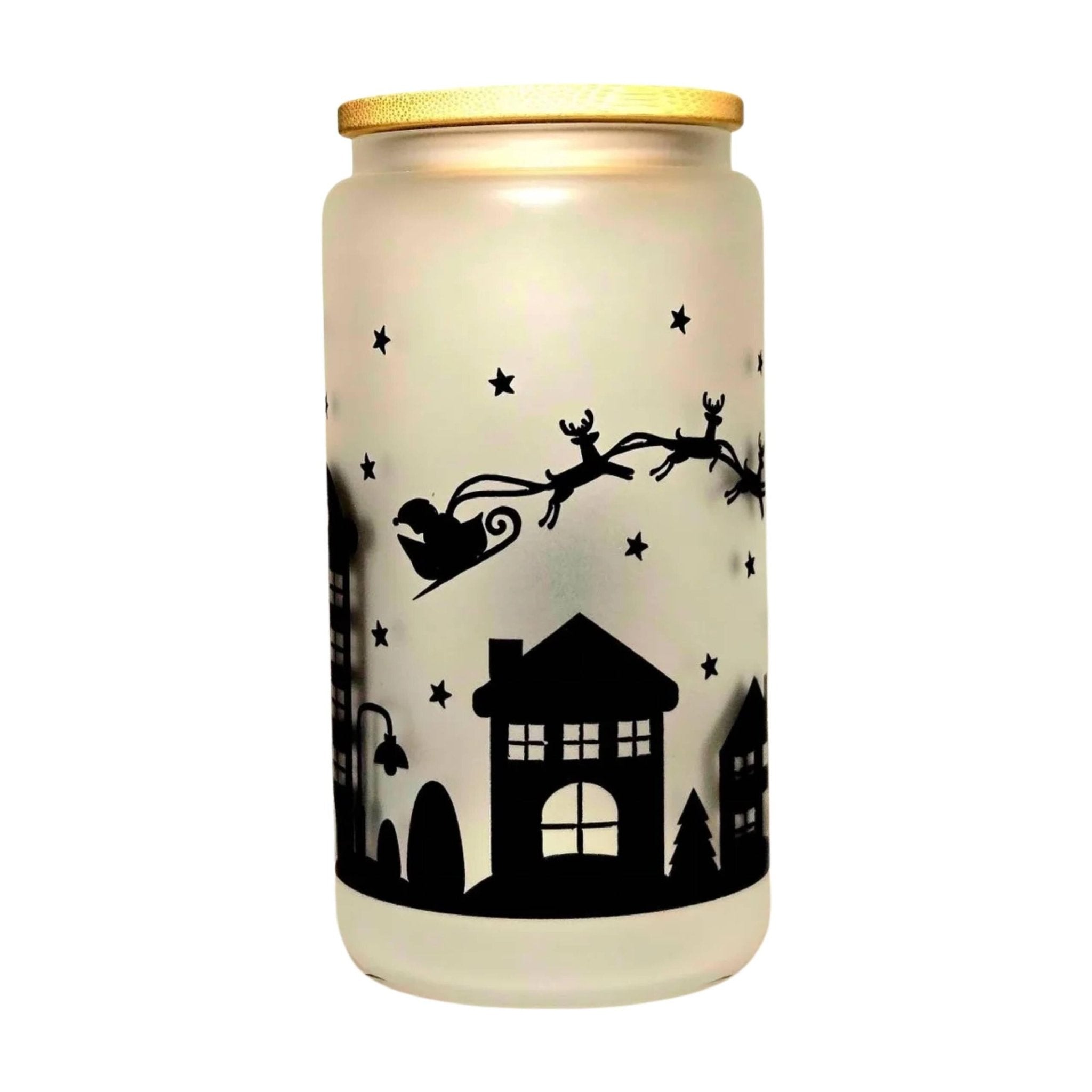 Christmas Santa coming to Town Glass Tumbler with Bamboo Lid. - Coffee Quips Custom Drinkware