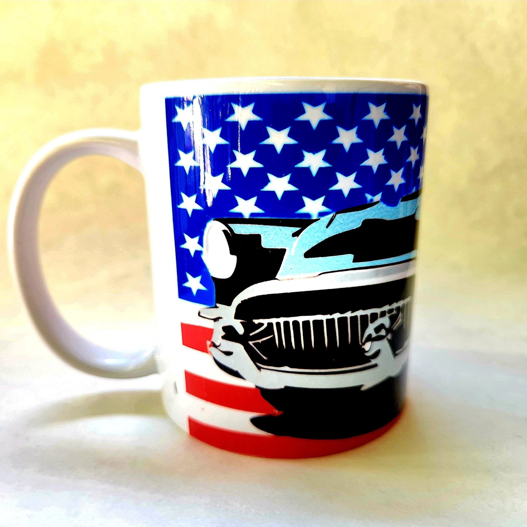 Classic 50s Car Ceramic Coffee Mug: American Flag Retro Design - Coffee Quips Custom Drinkware