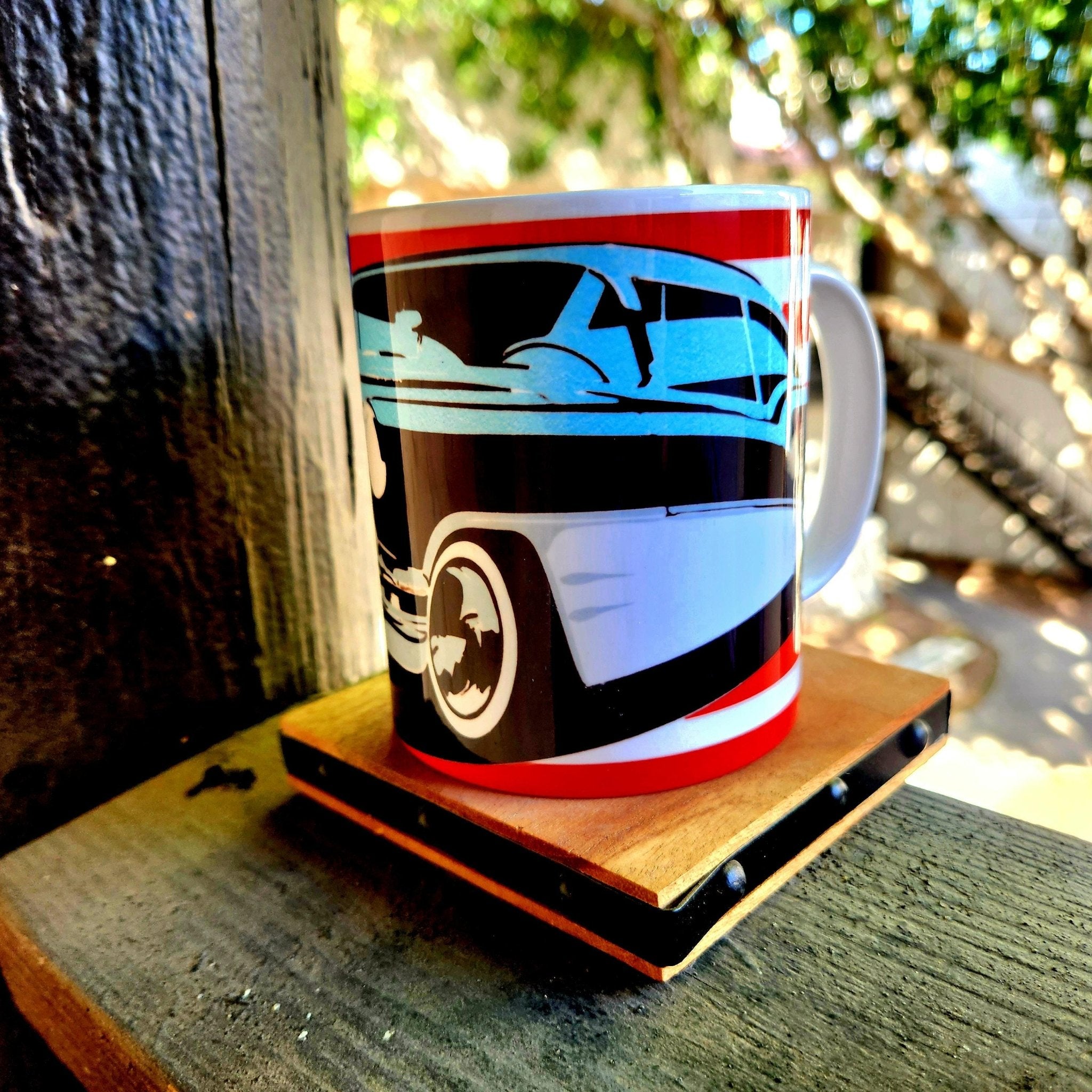 Classic 50s Car Ceramic Coffee Mug: American Flag Retro Design - Coffee Quips Custom Drinkware