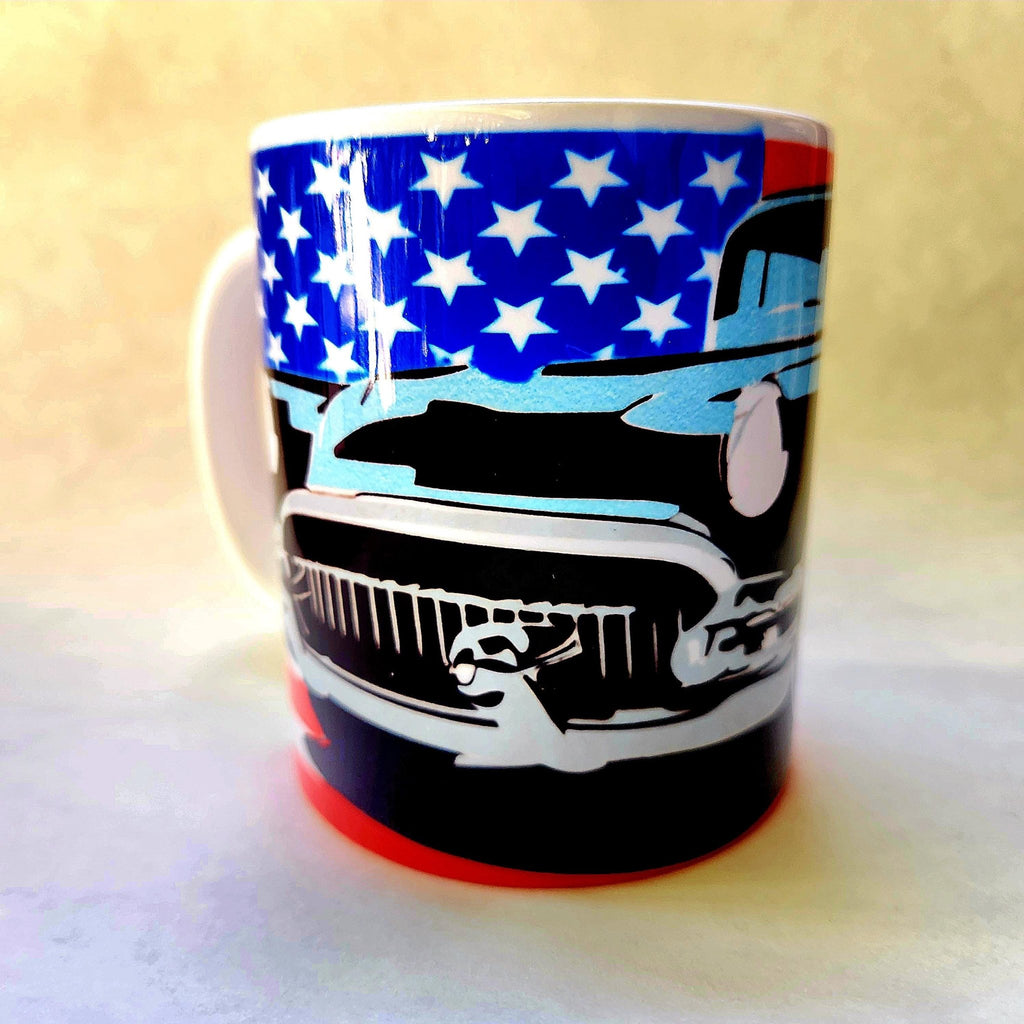 12oz Classic Car Ceramic Coffee Mug: American Flag Design - Coffee Quips Custom Drinkware
