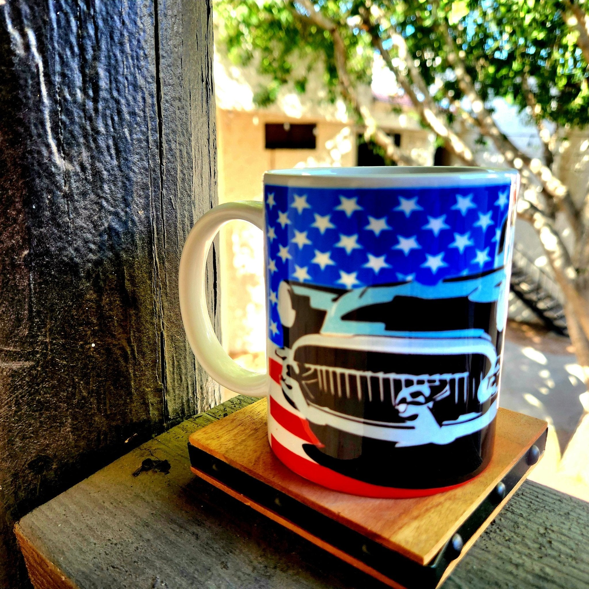 Classic 50s Car Ceramic Coffee Mug: American Flag Retro Design - Coffee Quips Custom Drinkware
