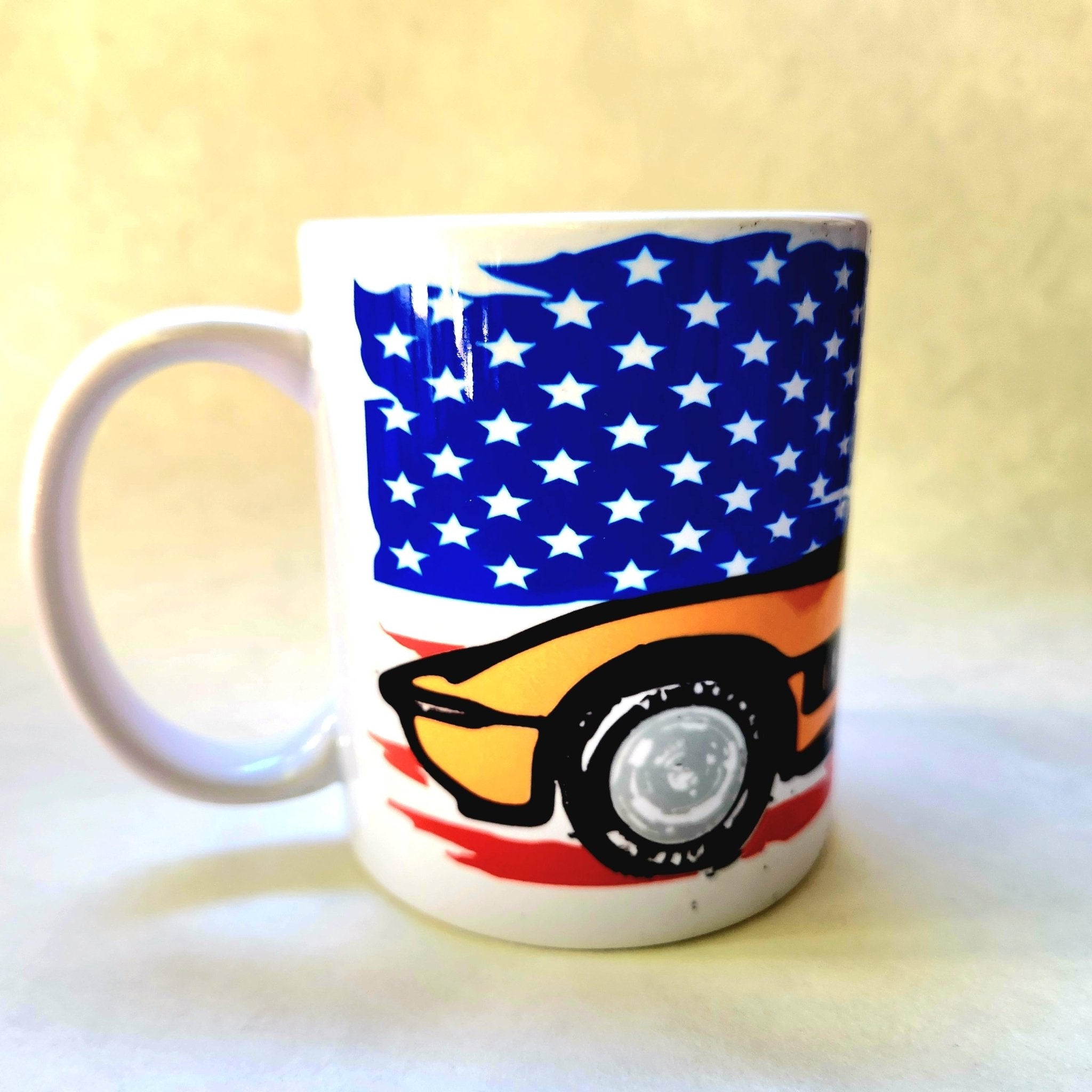 Classic Corvette Coffee Mug: American Muscle Car & Flag Design - Coffee Quips Custom Drinkware