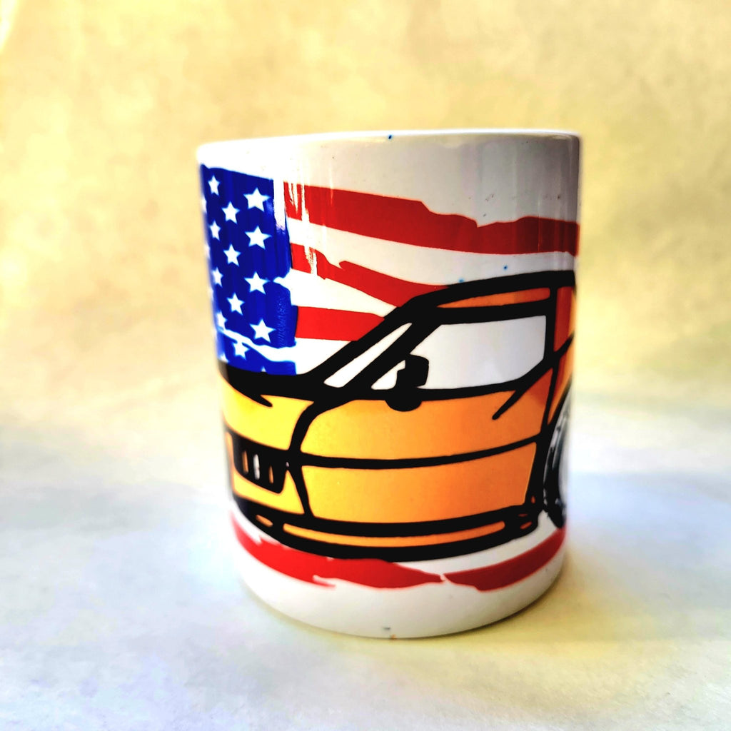 Classic Corvette Coffee Mug: American Muscle Car & Flag Design - Coffee Quips Custom Drinkware