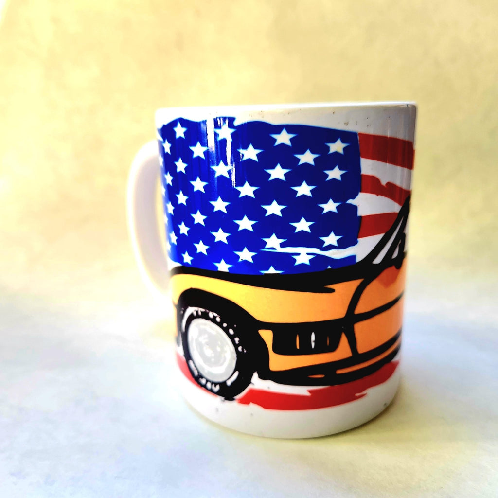 Classic Corvette Coffee Mug: American Muscle Car & Flag Design - Coffee Quips Custom Drinkware