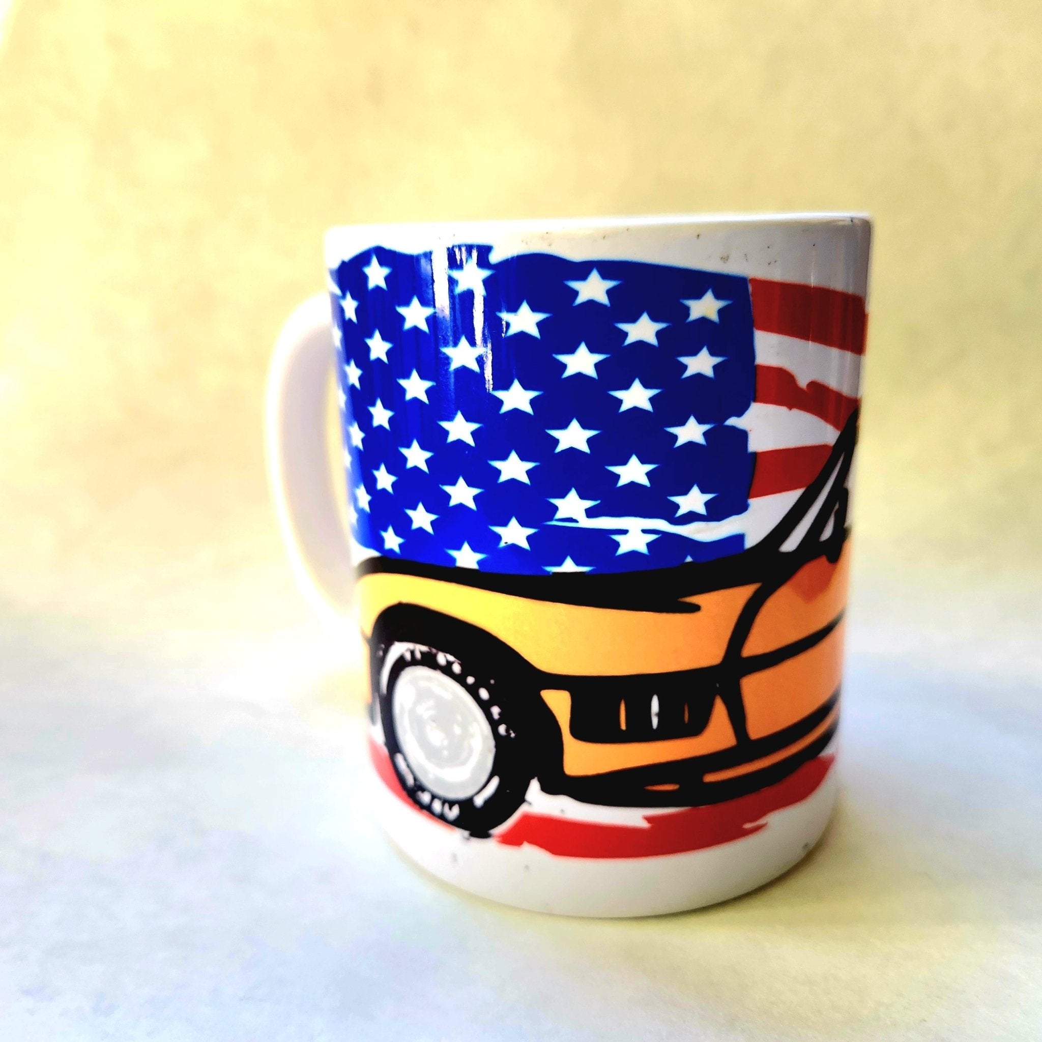 Classic Corvette Coffee Mug: American Muscle Car & Flag Design - Coffee Quips Custom Drinkware