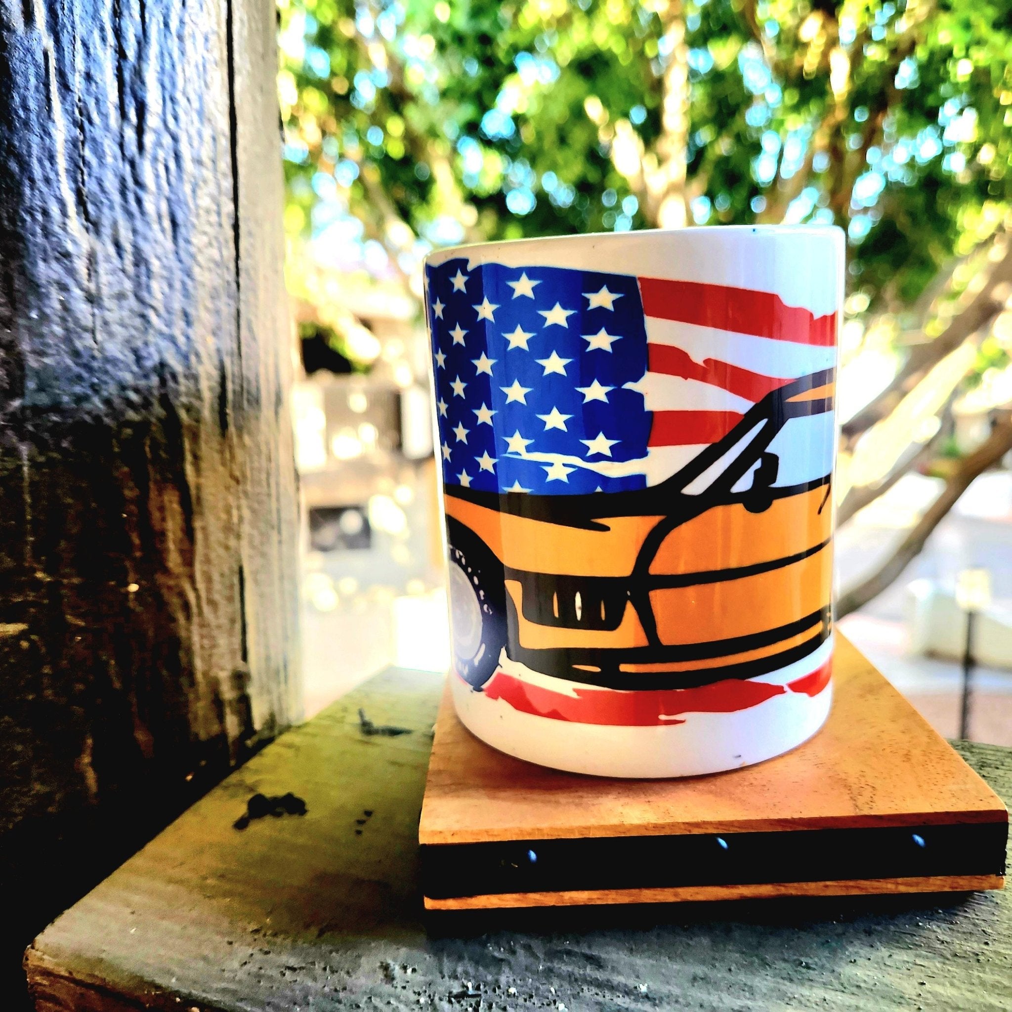 Classic Corvette Coffee Mug: American Muscle Car & Flag Design - Coffee Quips Custom Drinkware