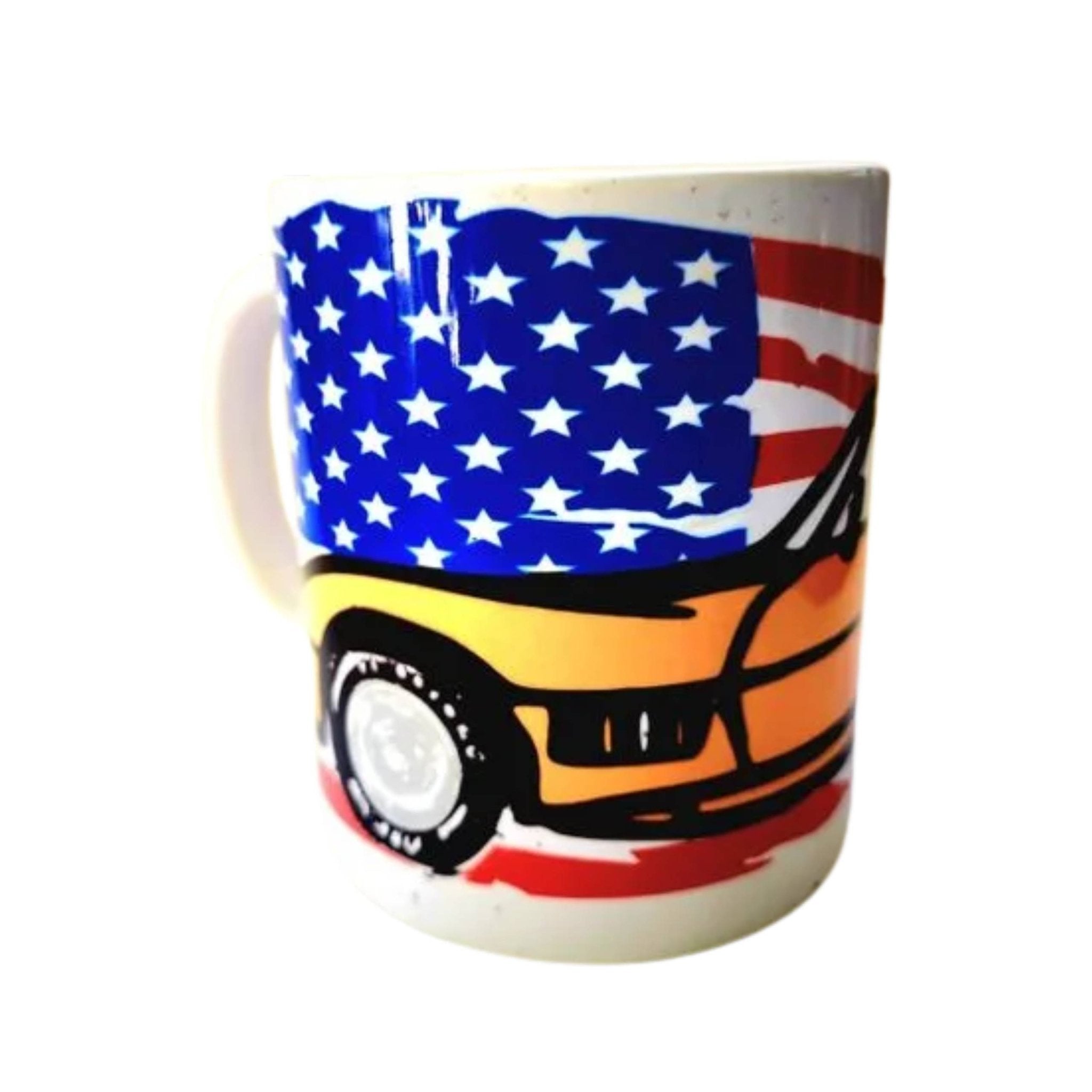 Classic Corvette Coffee Mug: American Muscle Car & Flag Design - Coffee Quips Custom Drinkware