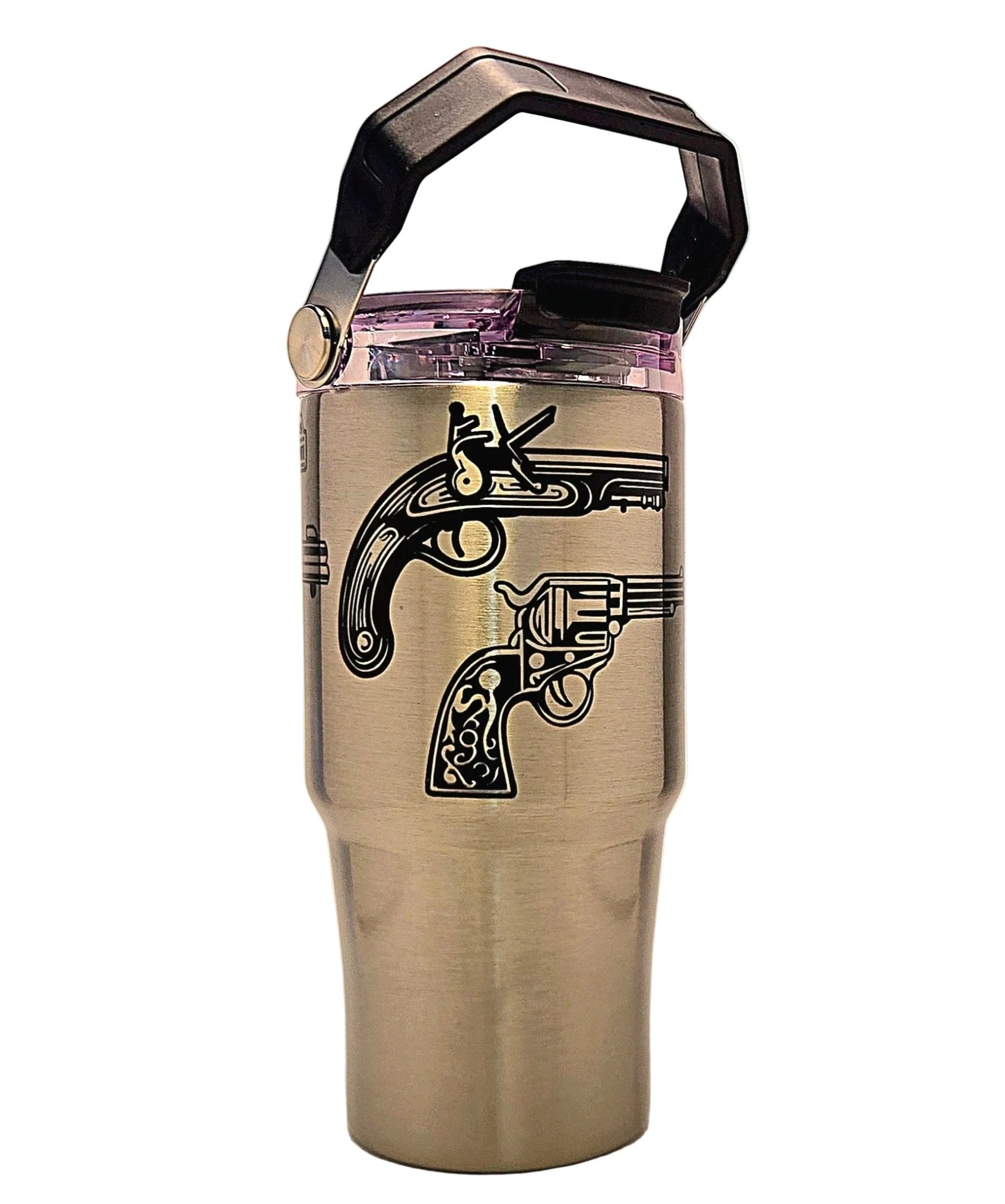 Classic Historic Handguns Firearms Stainless Tumbler with Handle and tri sip lid - Coffee Quips Custom Drinkware