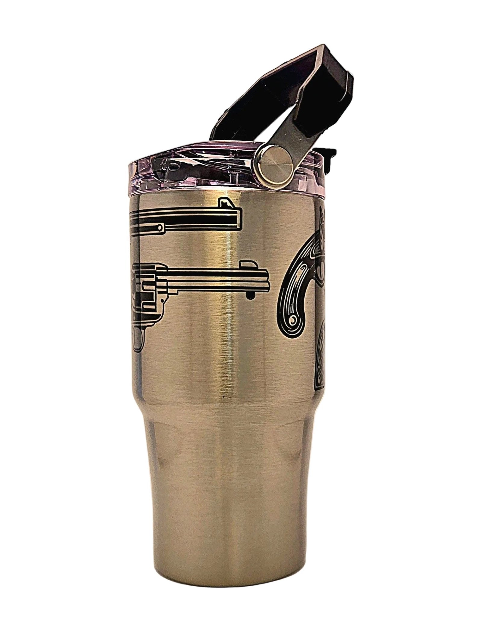 Classic Historic Handguns Firearms Stainless Tumbler with Handle and tri sip lid - Coffee Quips Custom Drinkware
