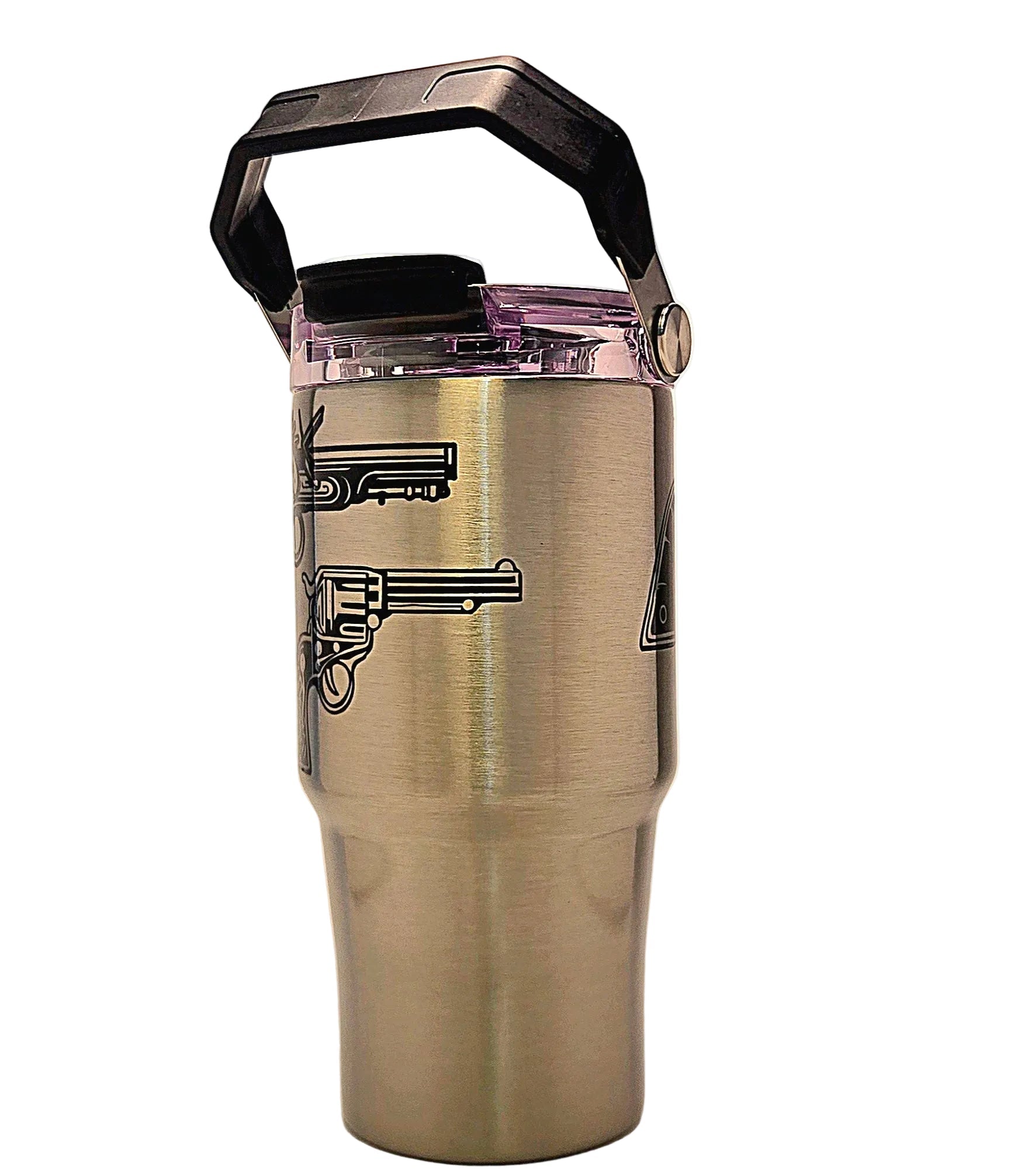 Classic Historic Handguns Firearms Stainless Tumbler with Handle and tri sip lid - Coffee Quips Custom Drinkware