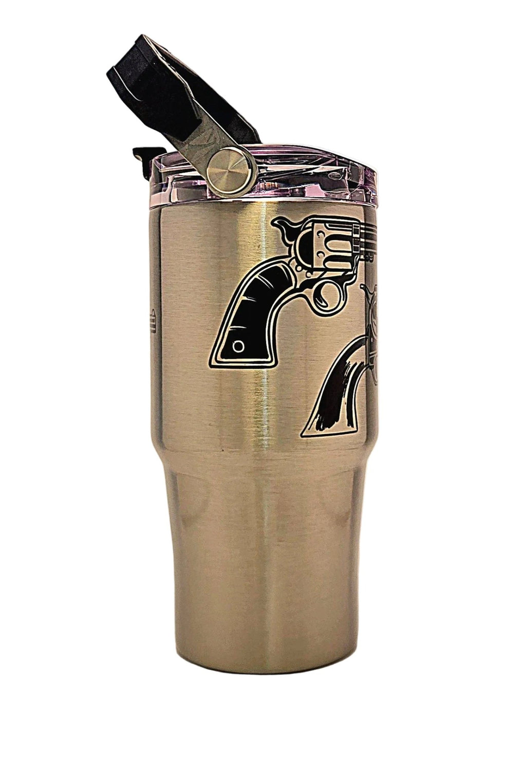 Classic Historic Handguns Firearms Stainless Tumbler with Handle and tri sip lid - Coffee Quips Custom Drinkware
