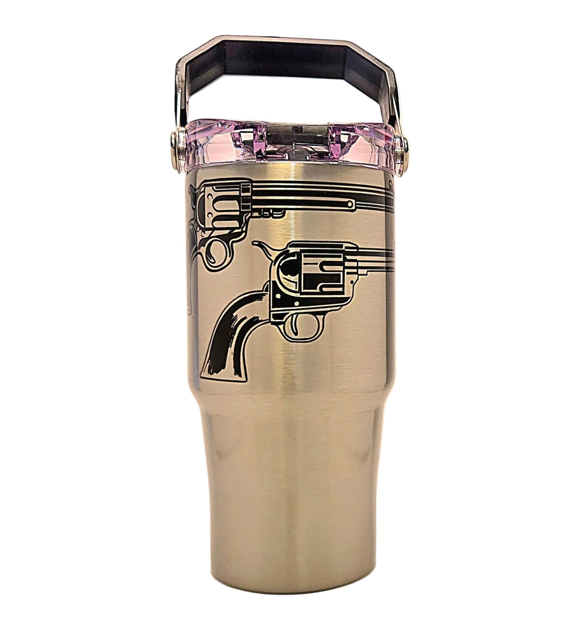 Classic Historic Handguns Firearms Stainless Tumbler with Handle and tri sip lid - Coffee Quips Custom Drinkware