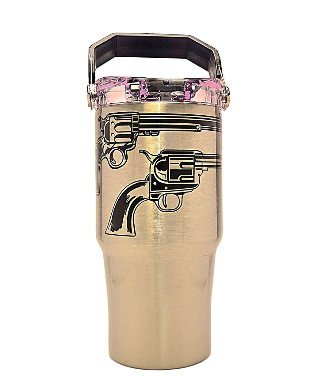 Classic Historic Handguns Firearms Stainless Tumbler with Handle and tri sip lid - Coffee Quips Custom Drinkware