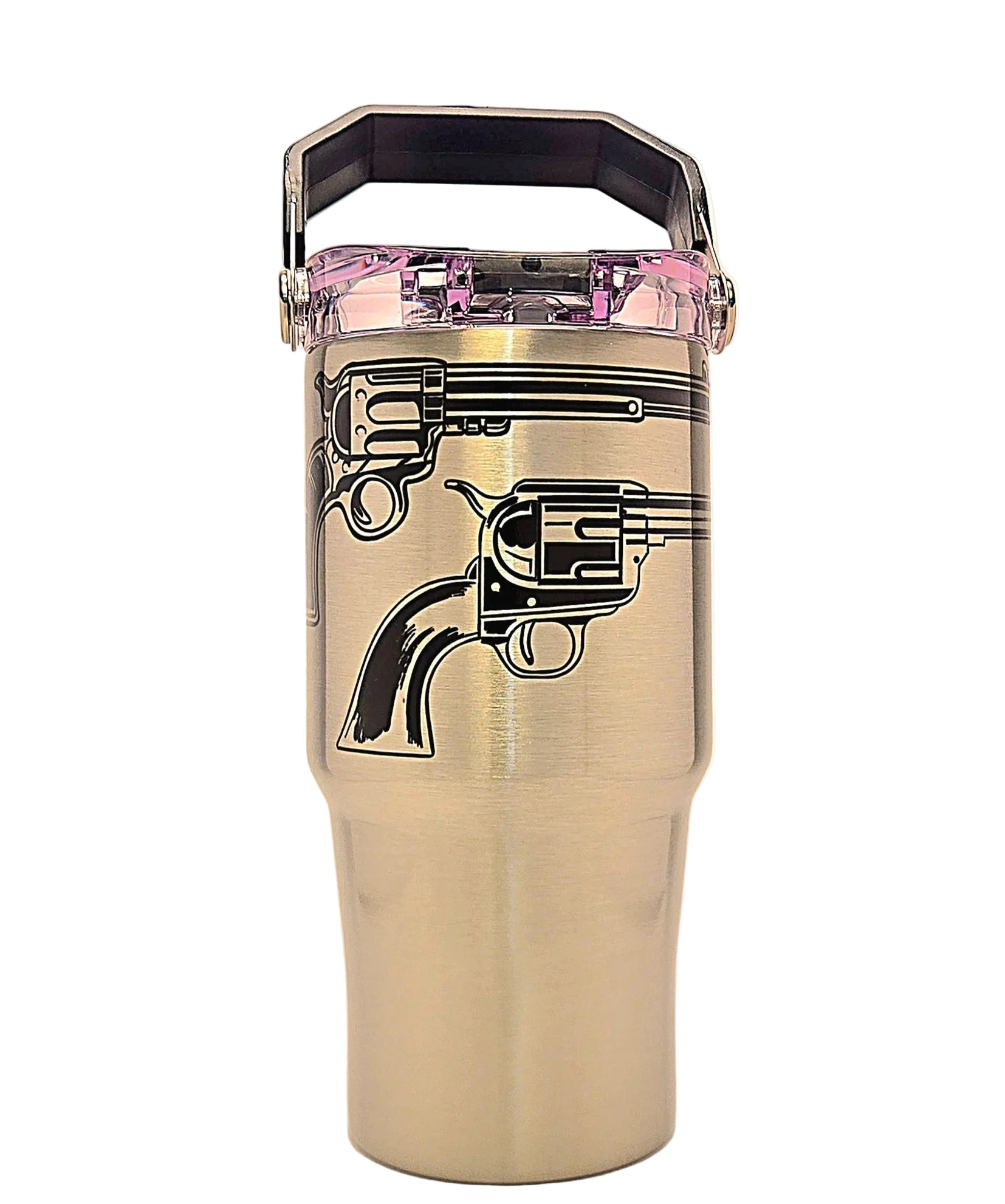 Classic Historic Handguns Firearms Stainless Tumbler with Handle and tri sip lid - Coffee Quips Custom Drinkware
