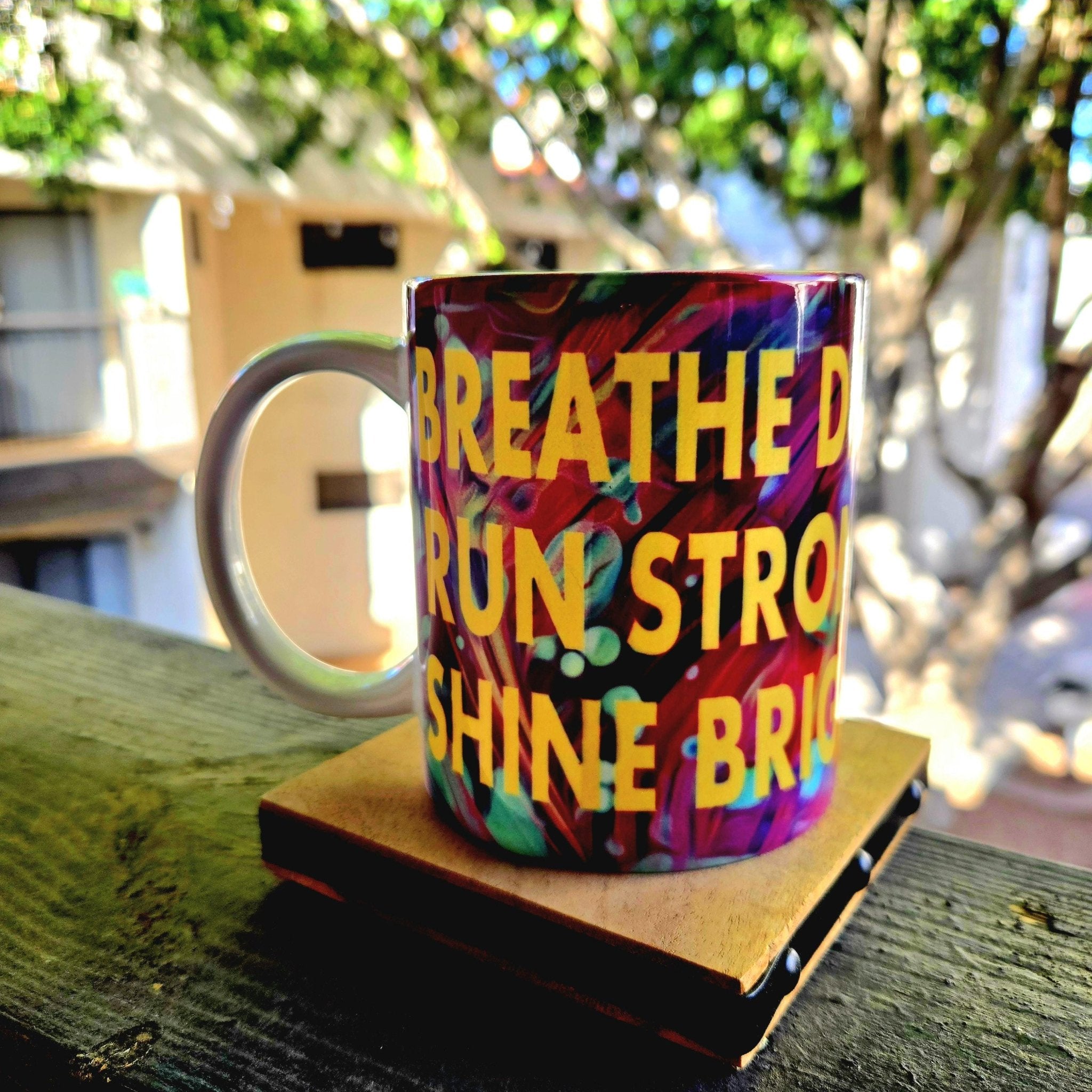 Coffee Quips Crafted Breath Deep Run Strong Shine Bright ceramic coffee mug. Runner gift - Coffee Quips Custom Drinkware